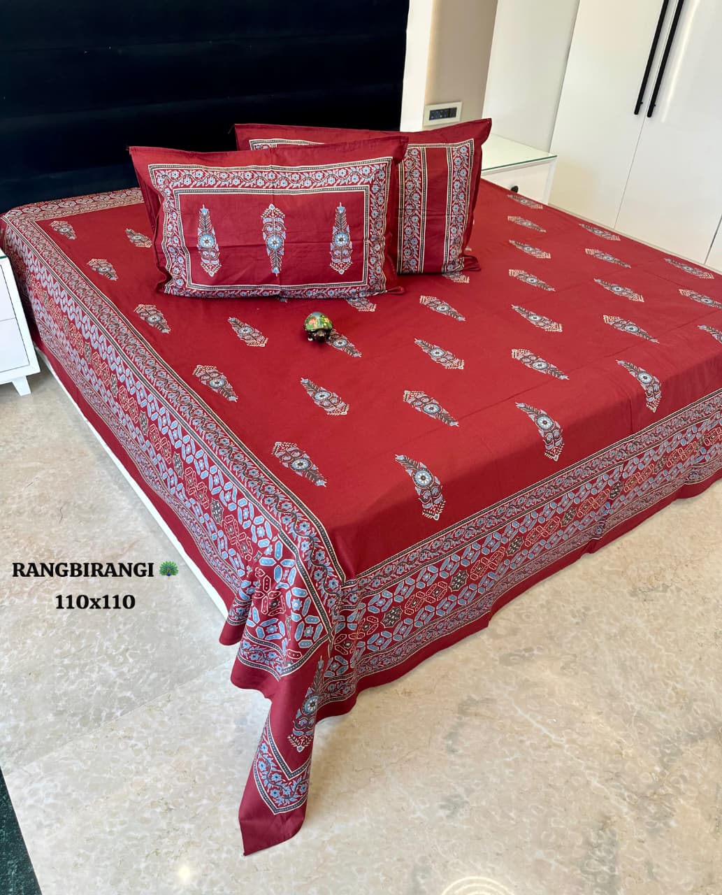 Sitara Maroon Floral Block Print Pure Cotton Bedsheet Set
