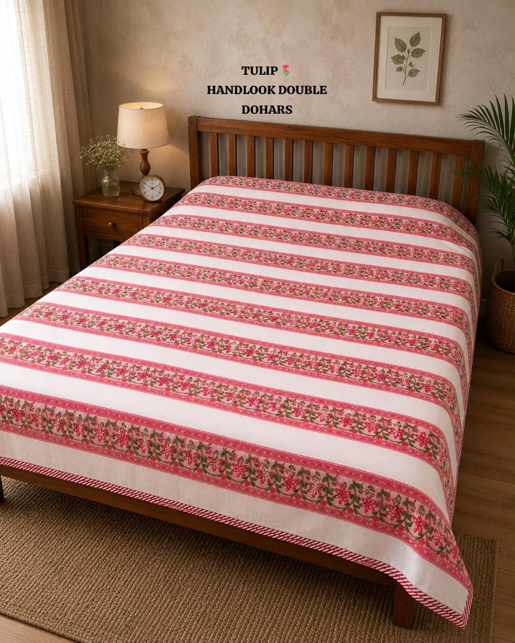 Pink Floral Stripe Handblock Printed Double Dohar
