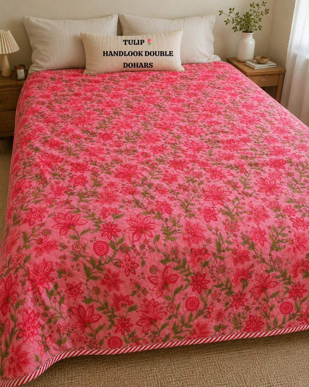 Pink Floral Handblock Printed Double Dohar