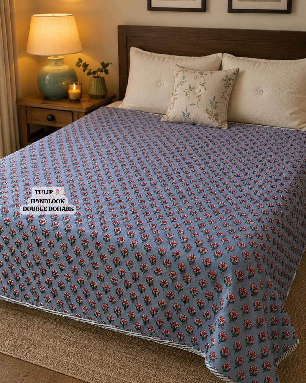 Sky Blue Floral Handblock Printed Double Dohar