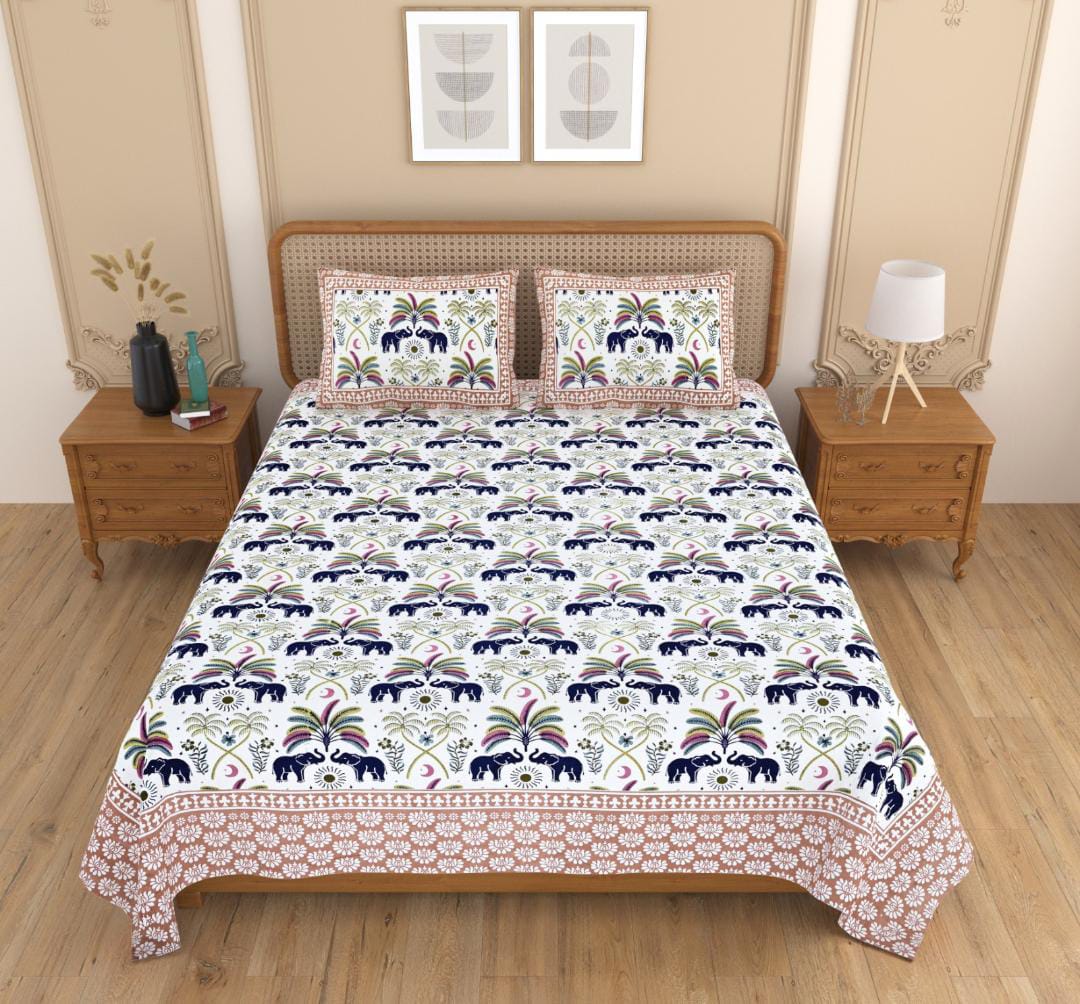 Elegant Premium Elephant & Floral Printed King Size Bedsheet