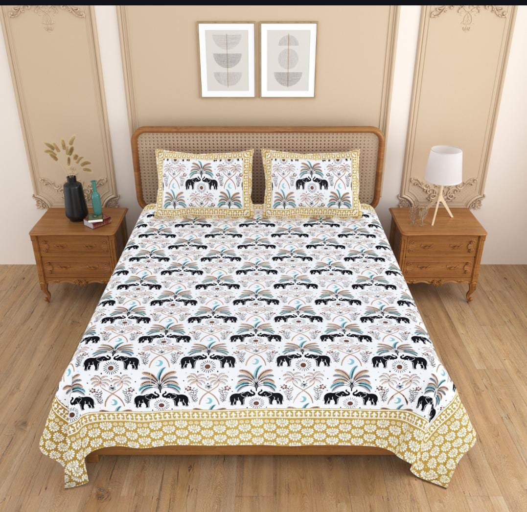Elegant Premium Elephant & Floral Printed King Size Bedsheet