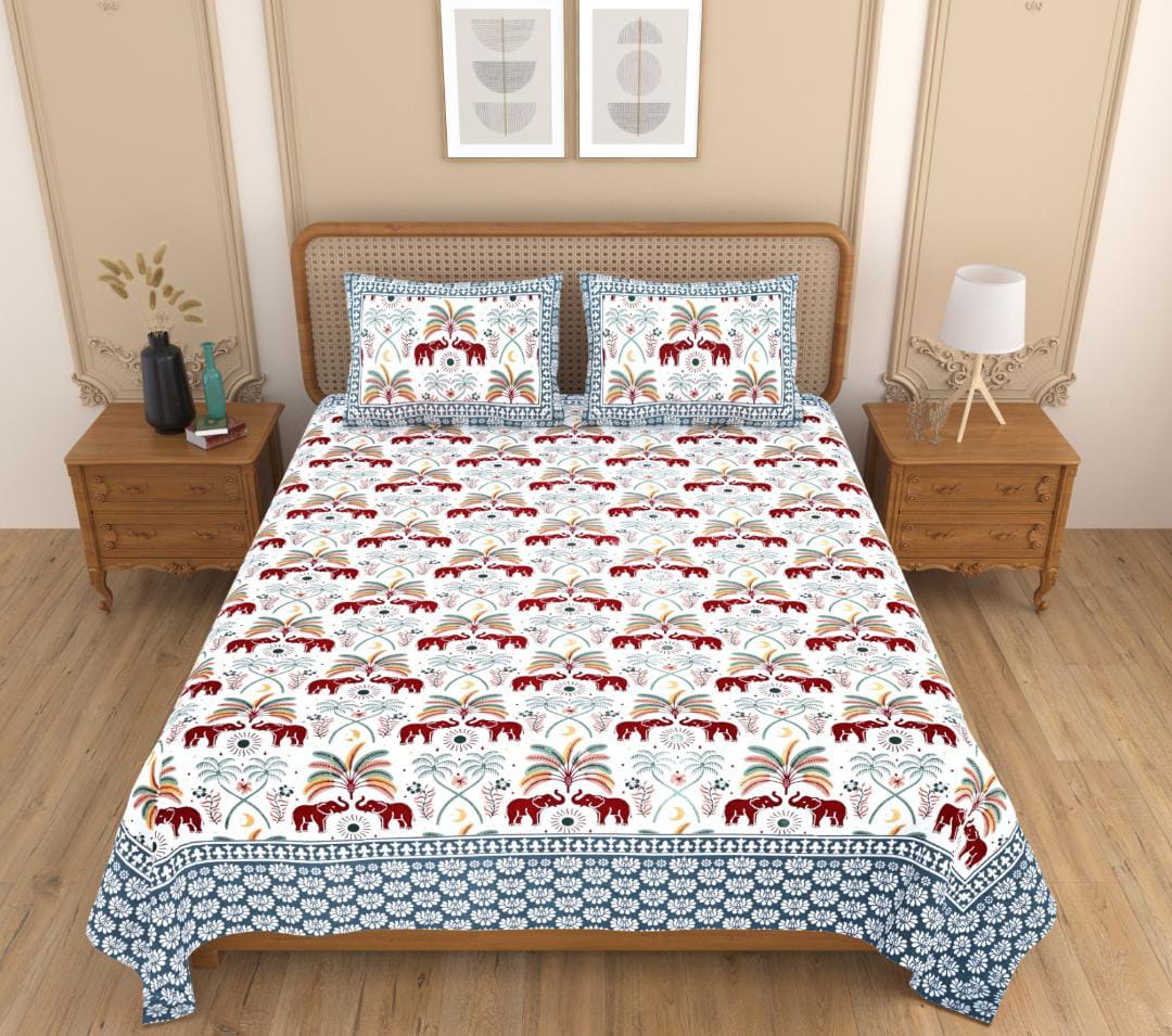 Elegant Premium Elephant Floral Printed King Size Bedsheet