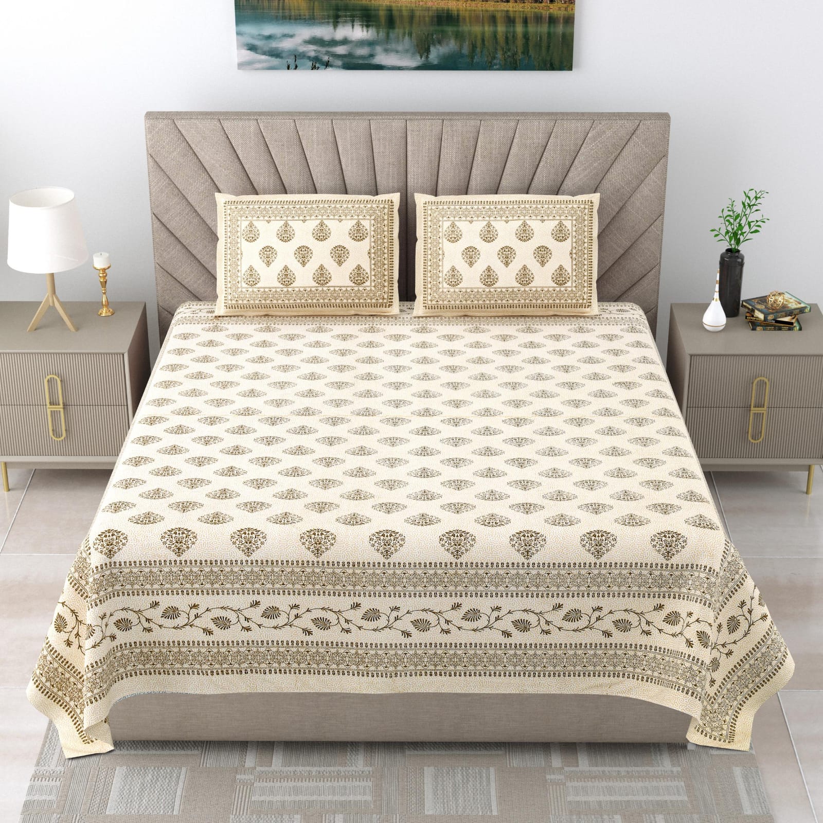 Elegant Premium Ethnic Motif Printed King Size Bedsheet