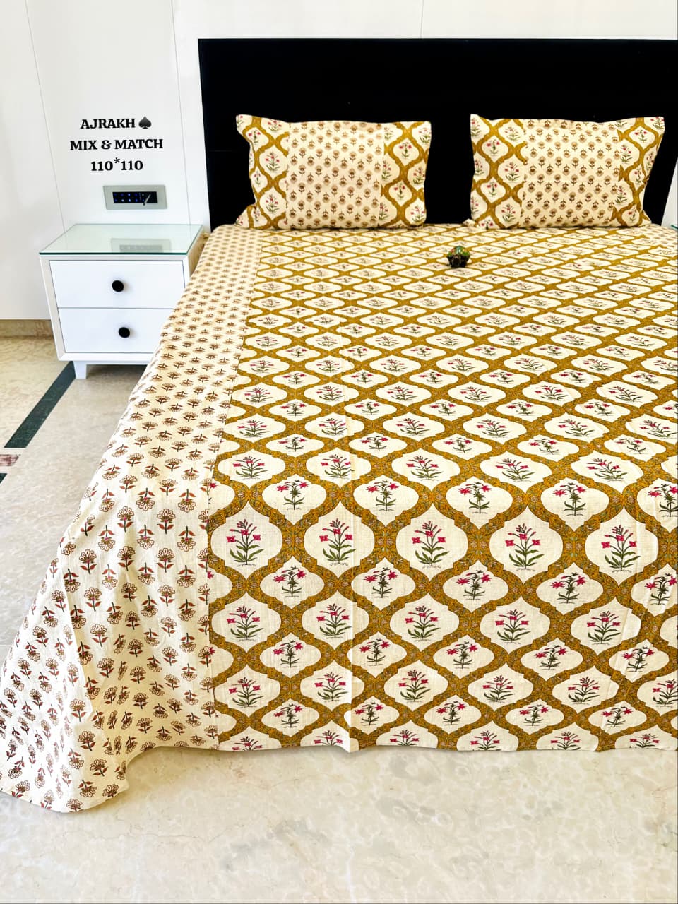 Ajrak Golden Heritage Floral Printed King Size Bedsheet