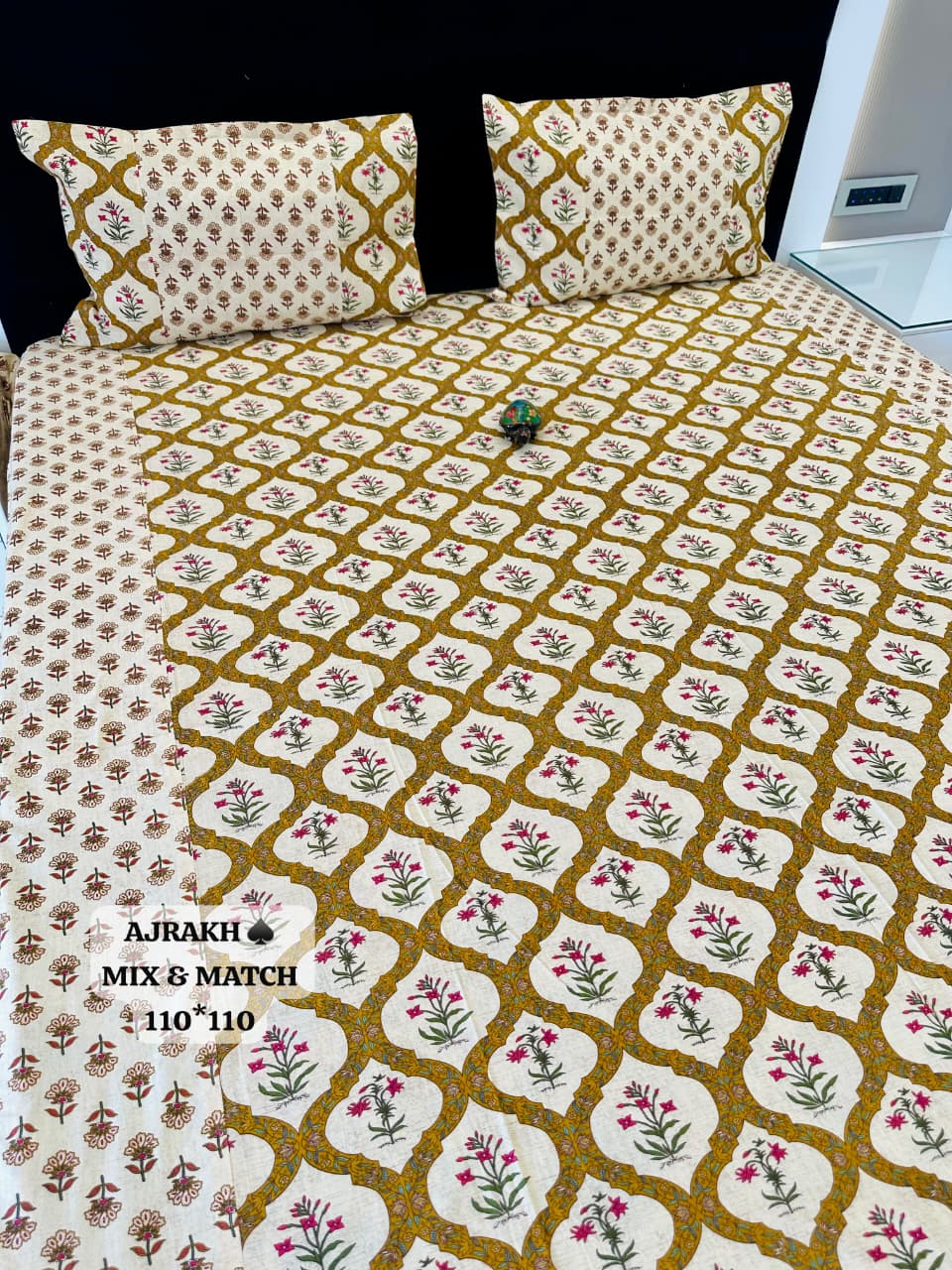 Ajrak Golden Heritage Floral Printed King Size Bedsheet