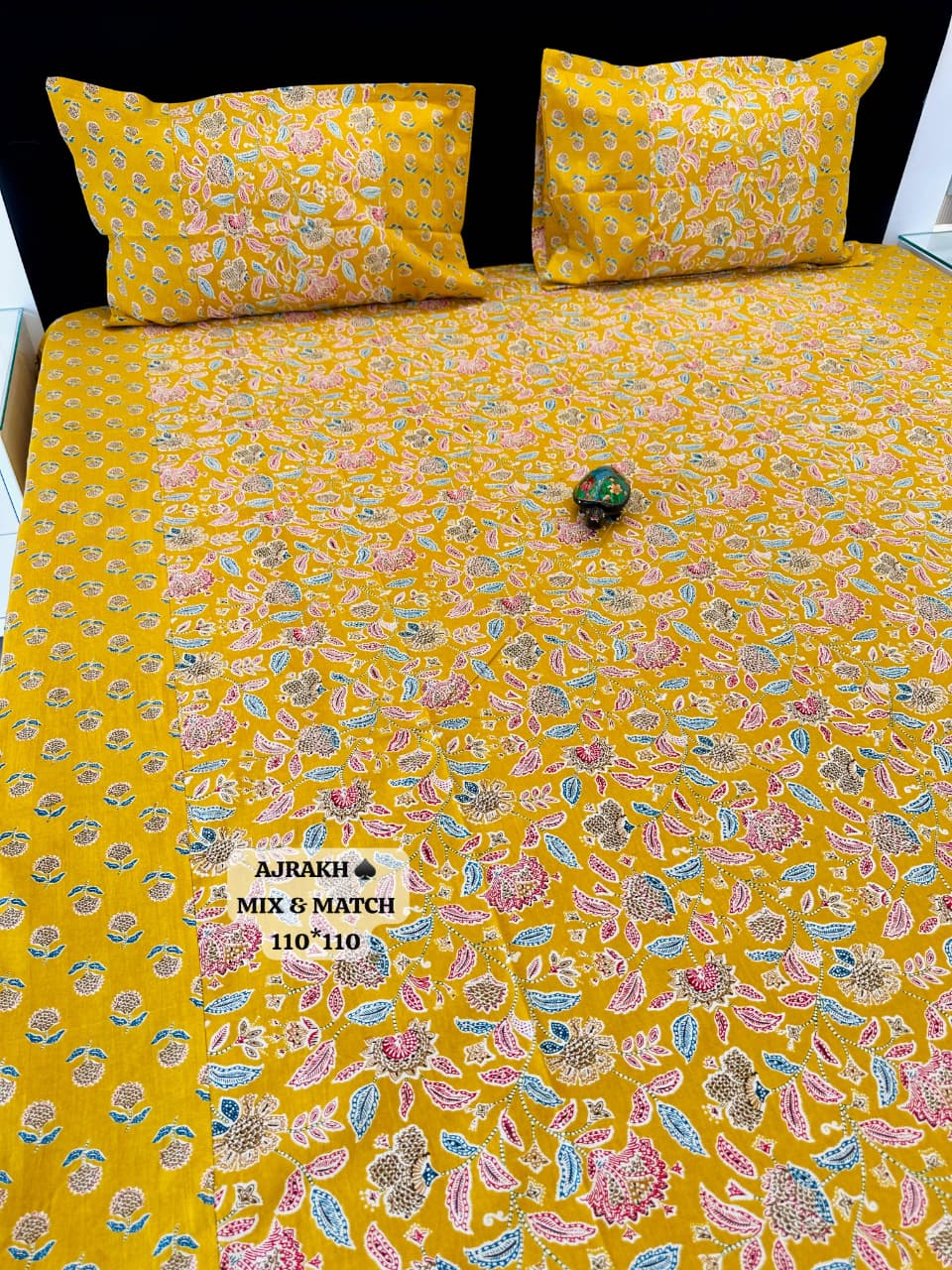 Ajrak Golden Heritage Floral Printed King Size Bedsheet