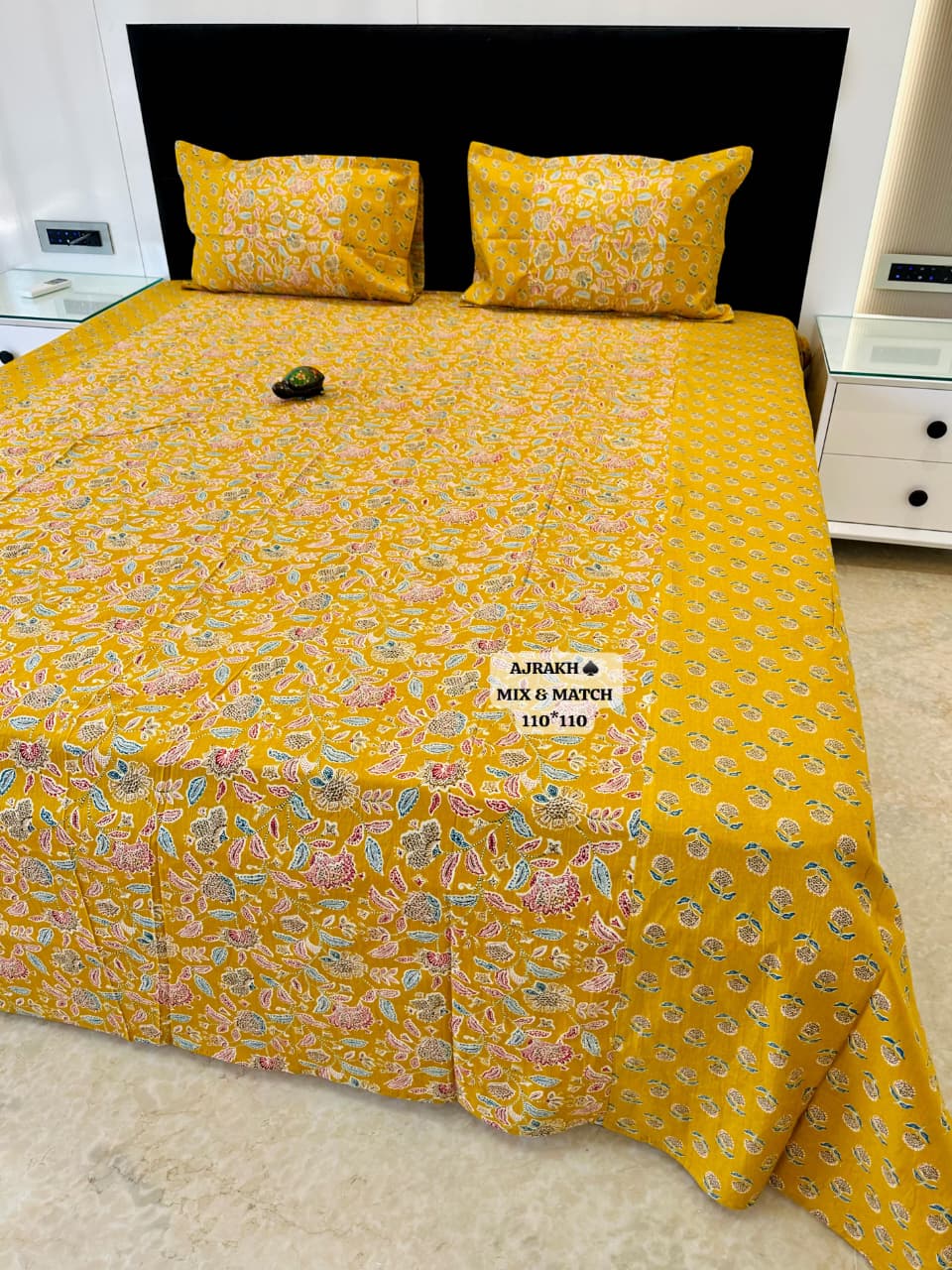 Ajrak Golden Heritage Floral Printed King Size Bedsheet