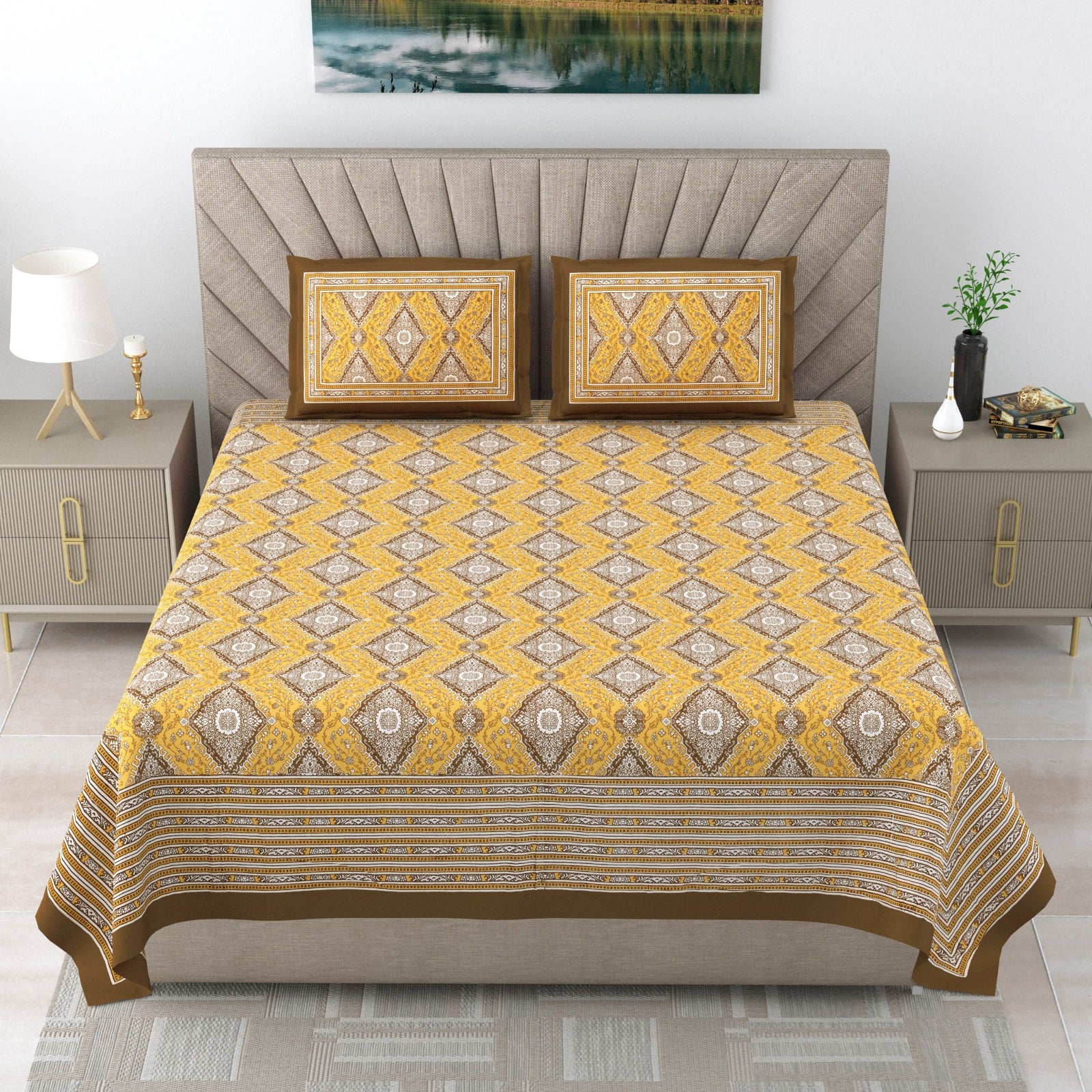 Royal Rajasthani Mustard & Brown Geometric Printed King Size Pure Cotton Bedsheet Set