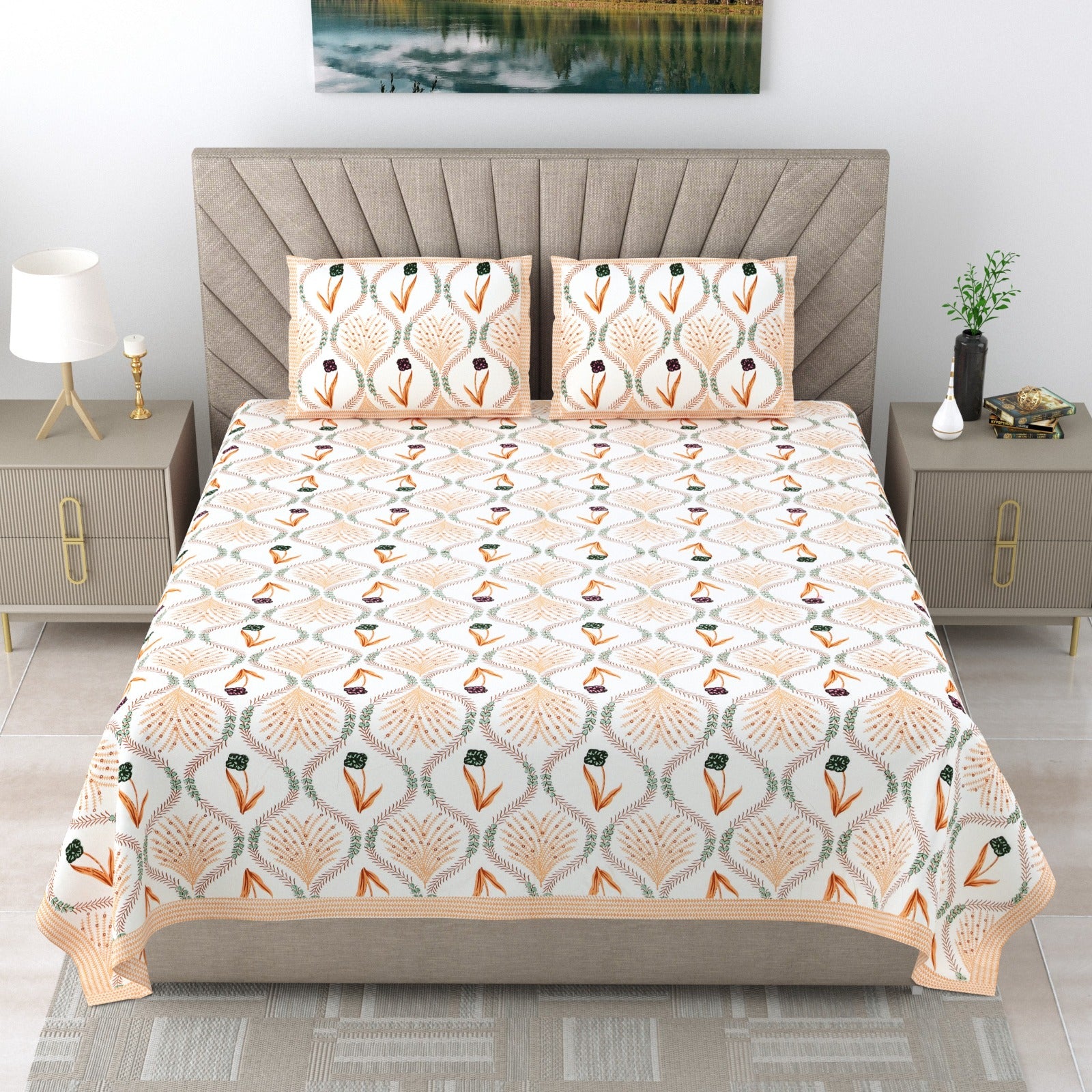 Royal Rajasthani Beige & Orange Floral Printed King Size Pure Cotton Bedsheet Set