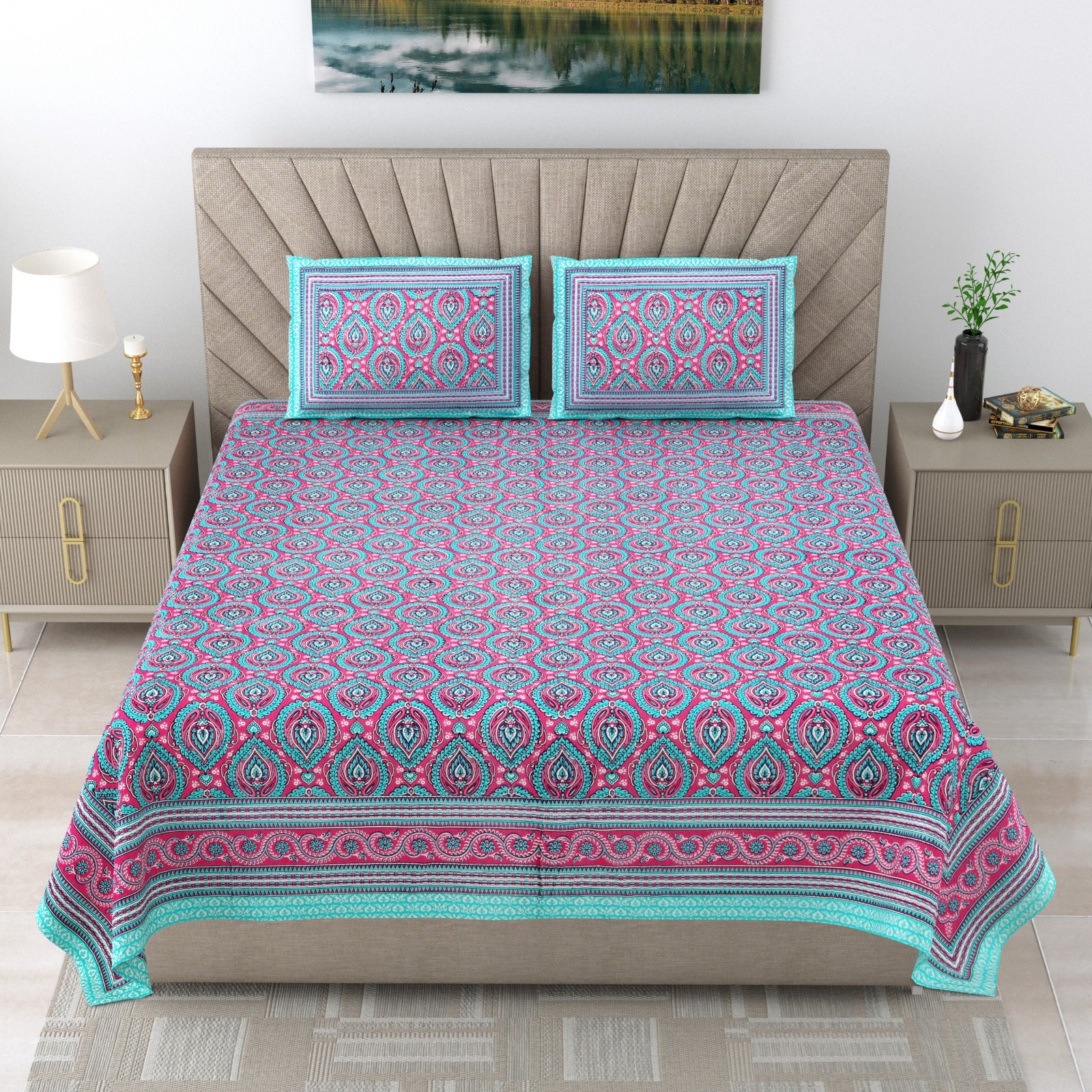Royal Rajasthani Pink & Turquoise Paisley Printed King Size Pure Cotton Bedsheet Set