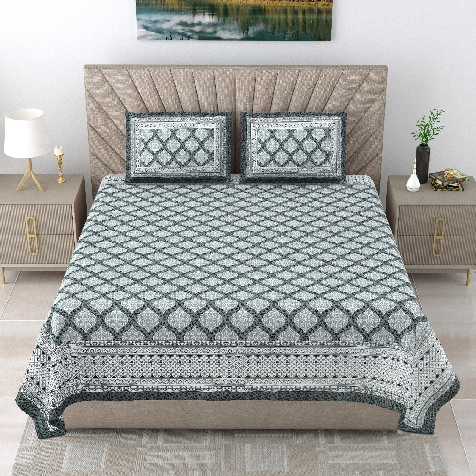 Royal Rajasthani Grey & White Geometric Printed King Size Pure Cotton Bedsheet Set