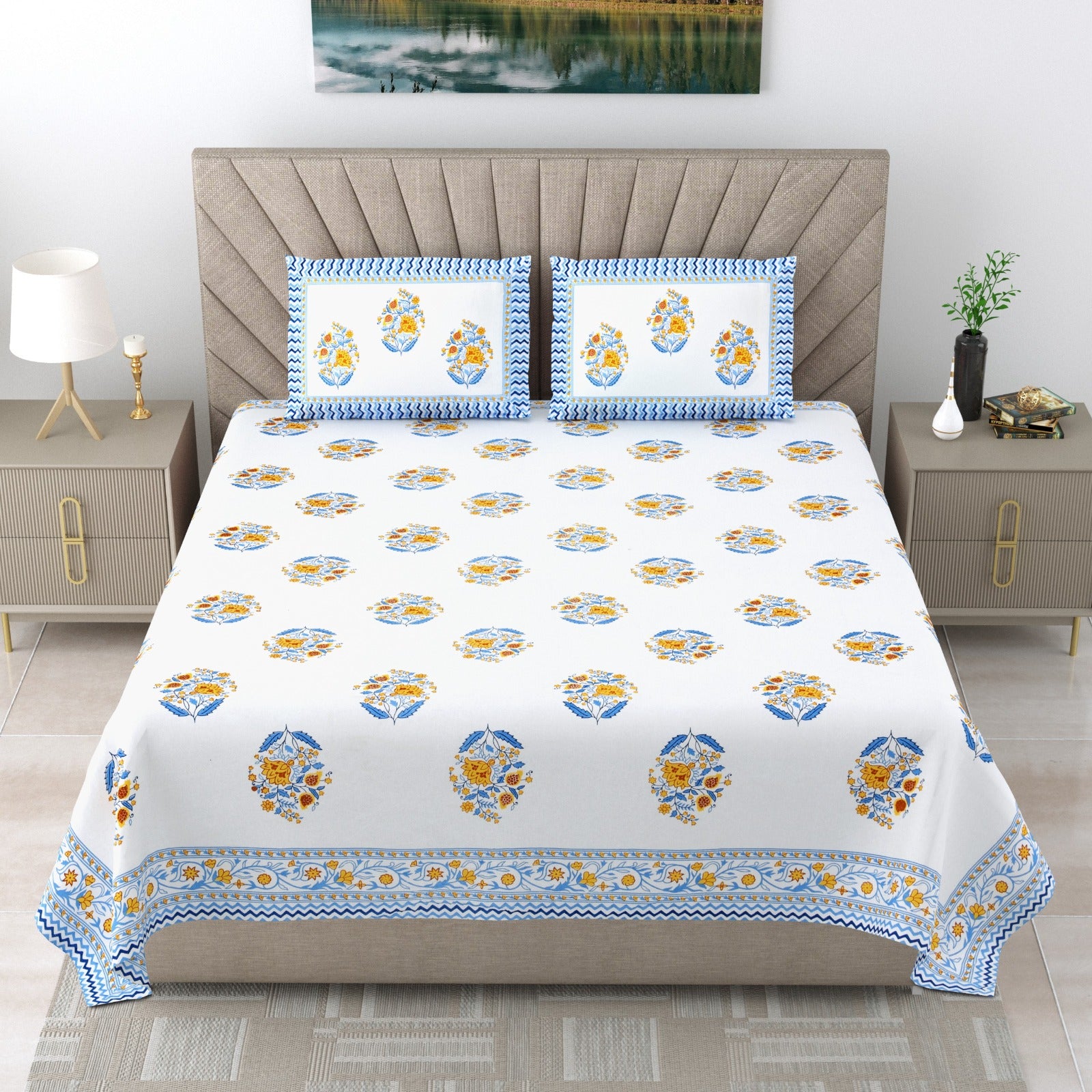Royal Rajasthani Blue & Yellow Floral Printed King Size Pure Cotton Bedsheet Set