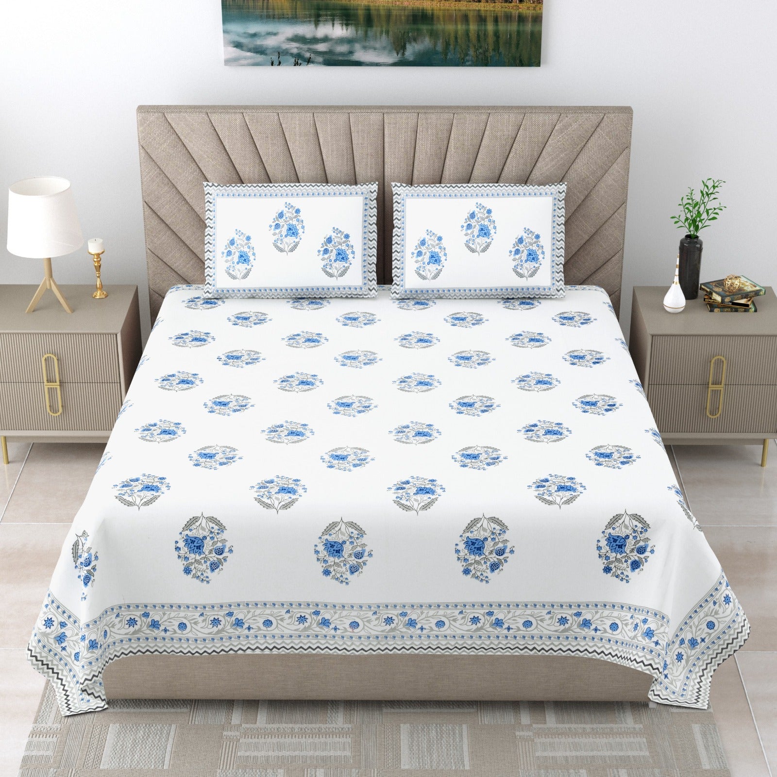 Royal Rajasthani Blue & White Floral Printed King Size Pure Cotton Bedsheet Set