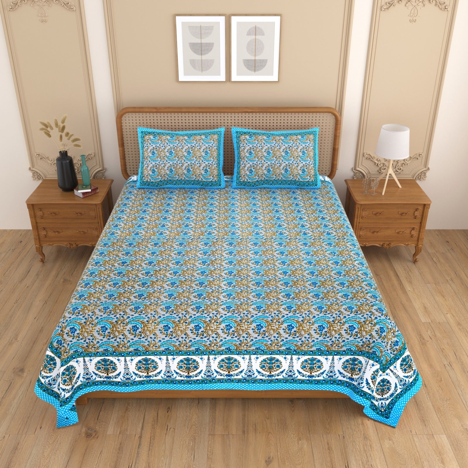 Royal Rajasthani Blue Floral Vine Printed King Size Pure Cotton Bedsheet Set