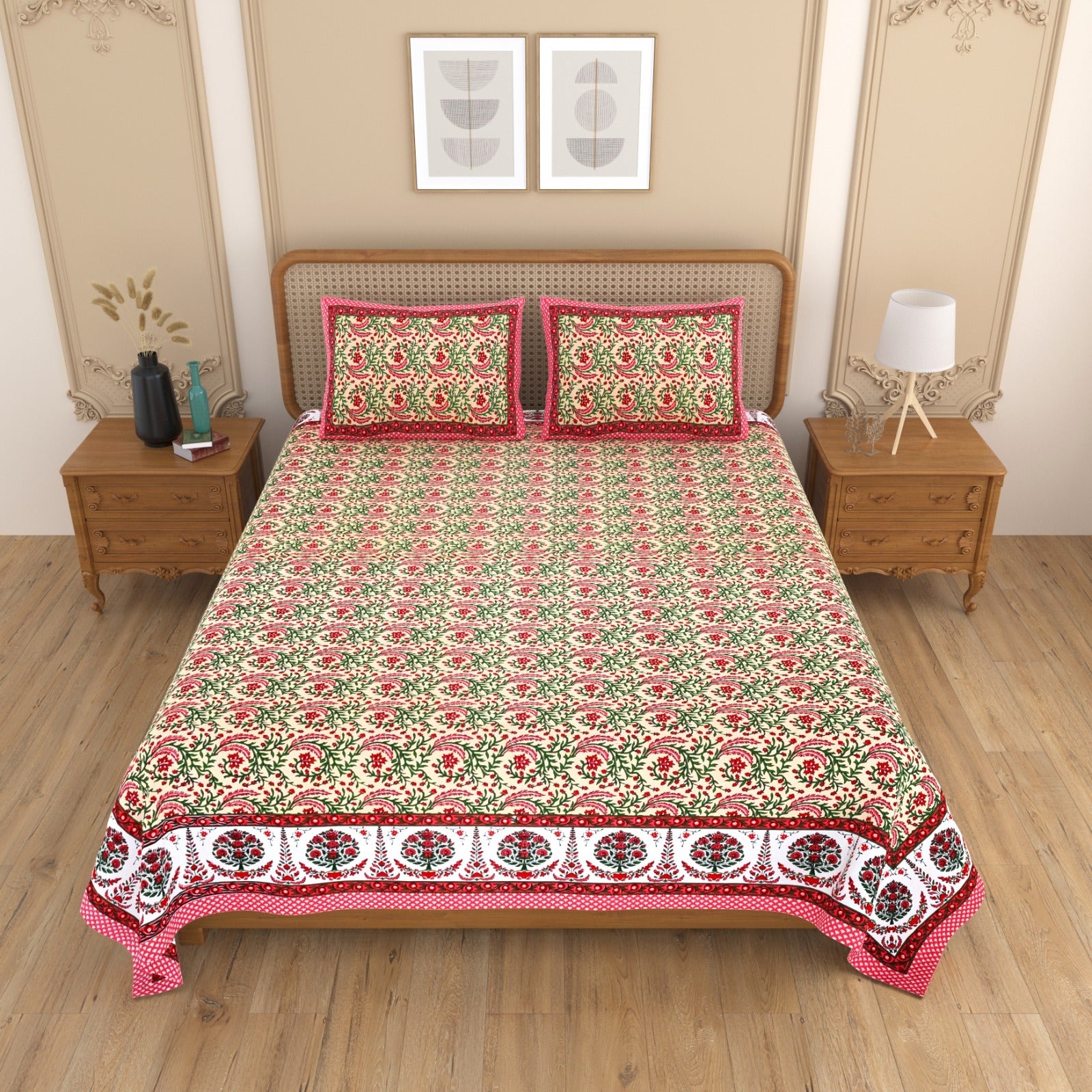 Royal Rajasthani Red & Green Floral Printed King Size Pure Cotton Bedsheet Set