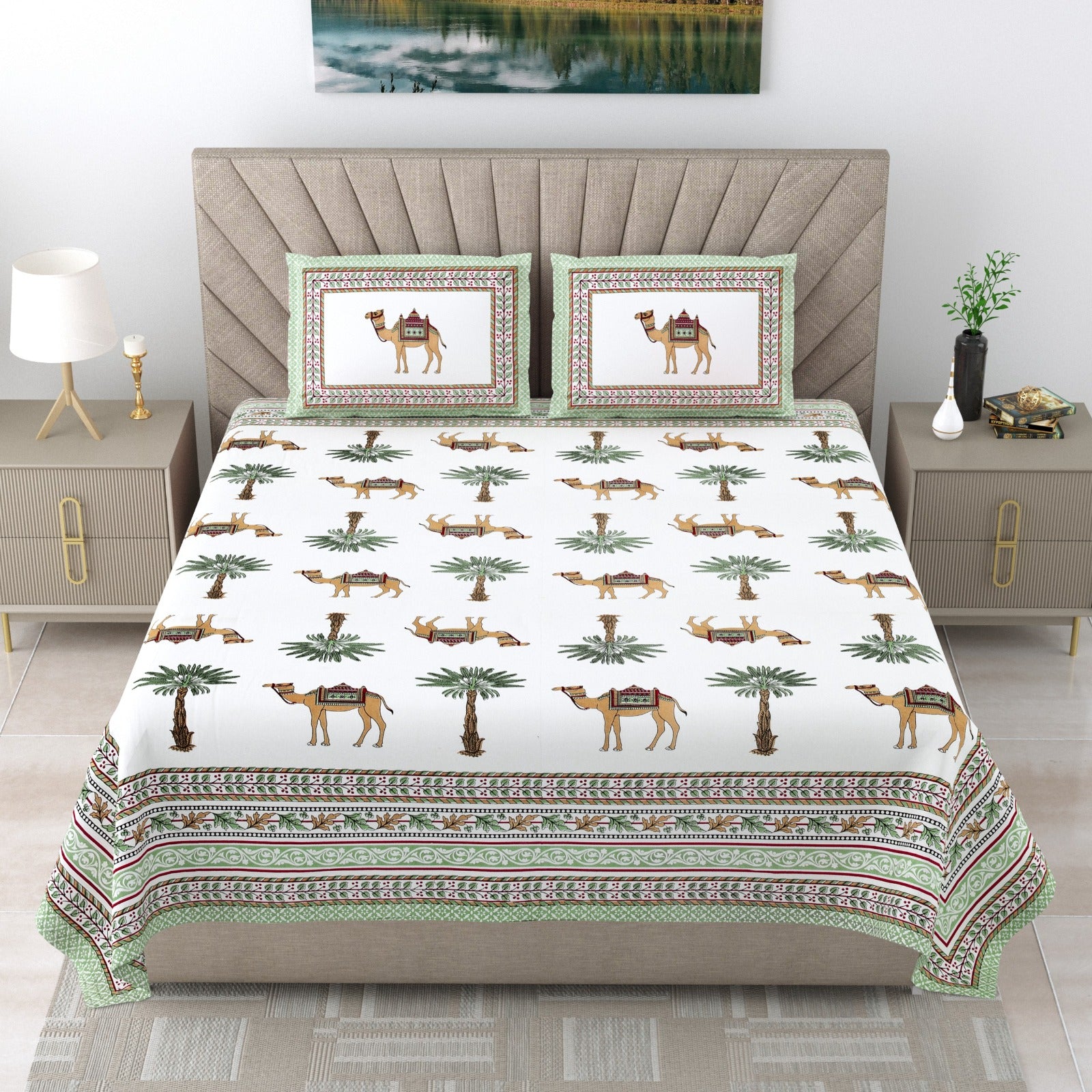 Royal Rajasthani Green Camel & Palm Tree Printed King Size Pure Cotton Bedsheet Set