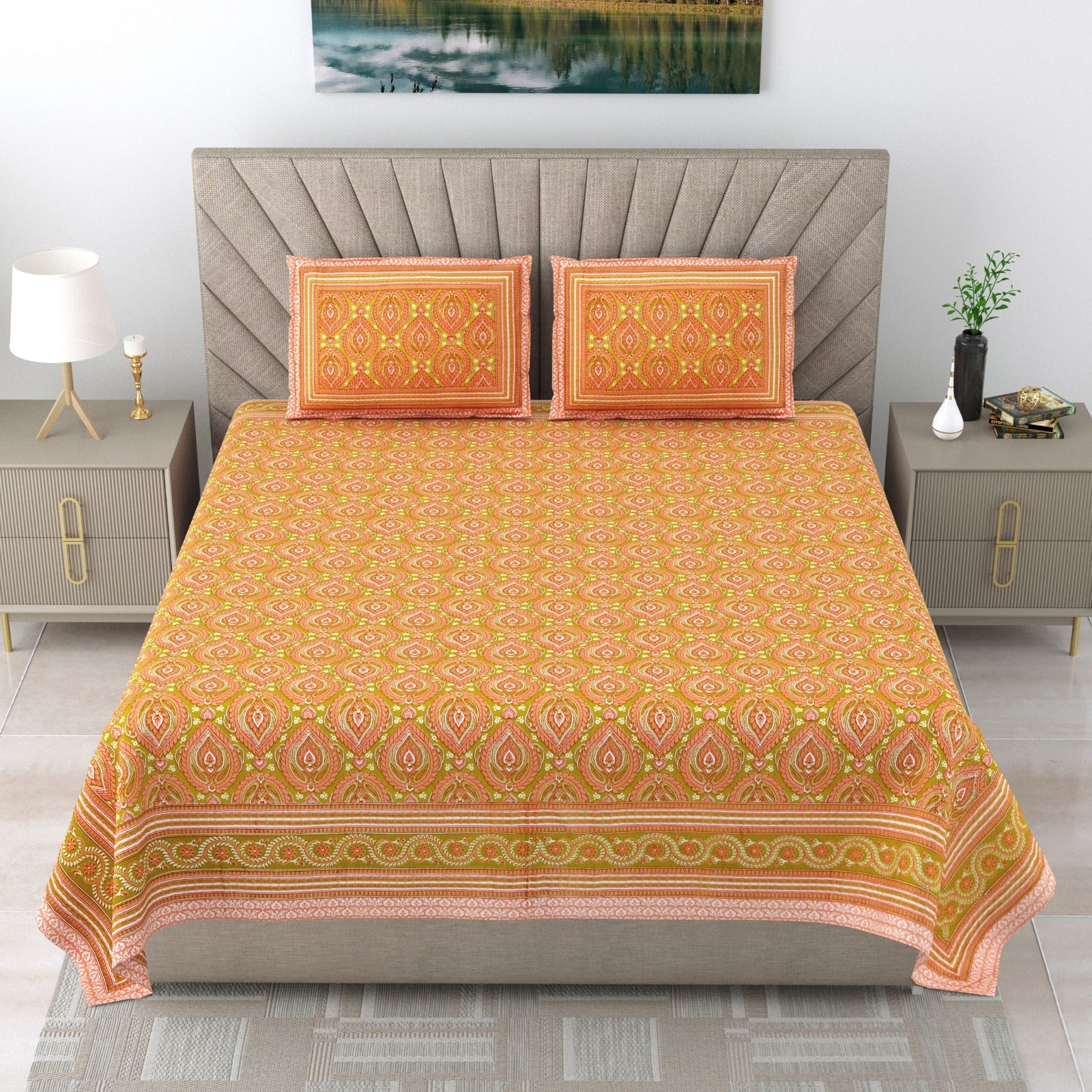 Royal Rajasthani Mustard Orange Paisley Printed King Size Pure Cotton Bedsheet Set