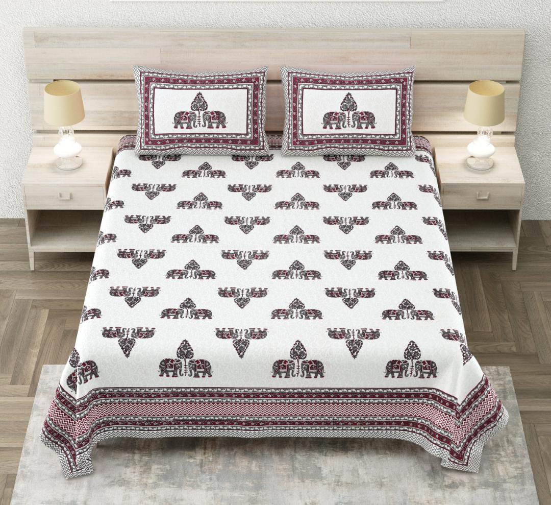 Royal Rajasthani Maroon Elephant Printed King Size Bedsheet