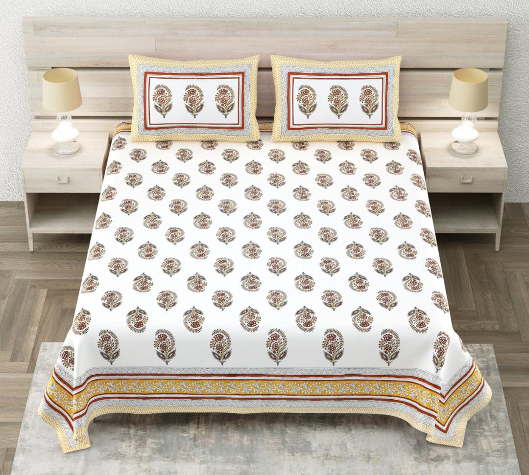 Royal Rajasthani Mustard Paisley Printed King Size Bedsheet