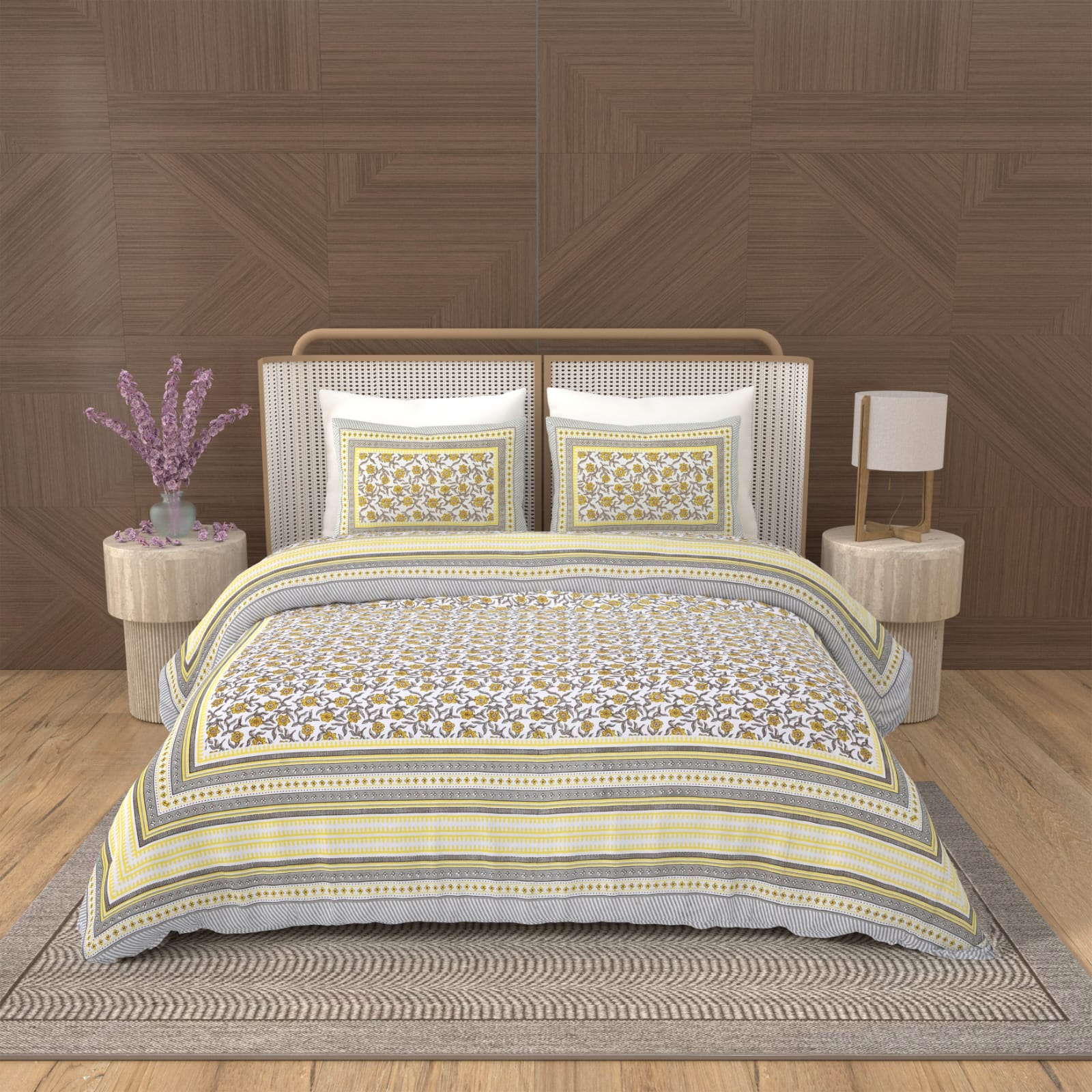 Royal Rajasthani Yellow & Grey Floral Printed King Size Bedsheet Set