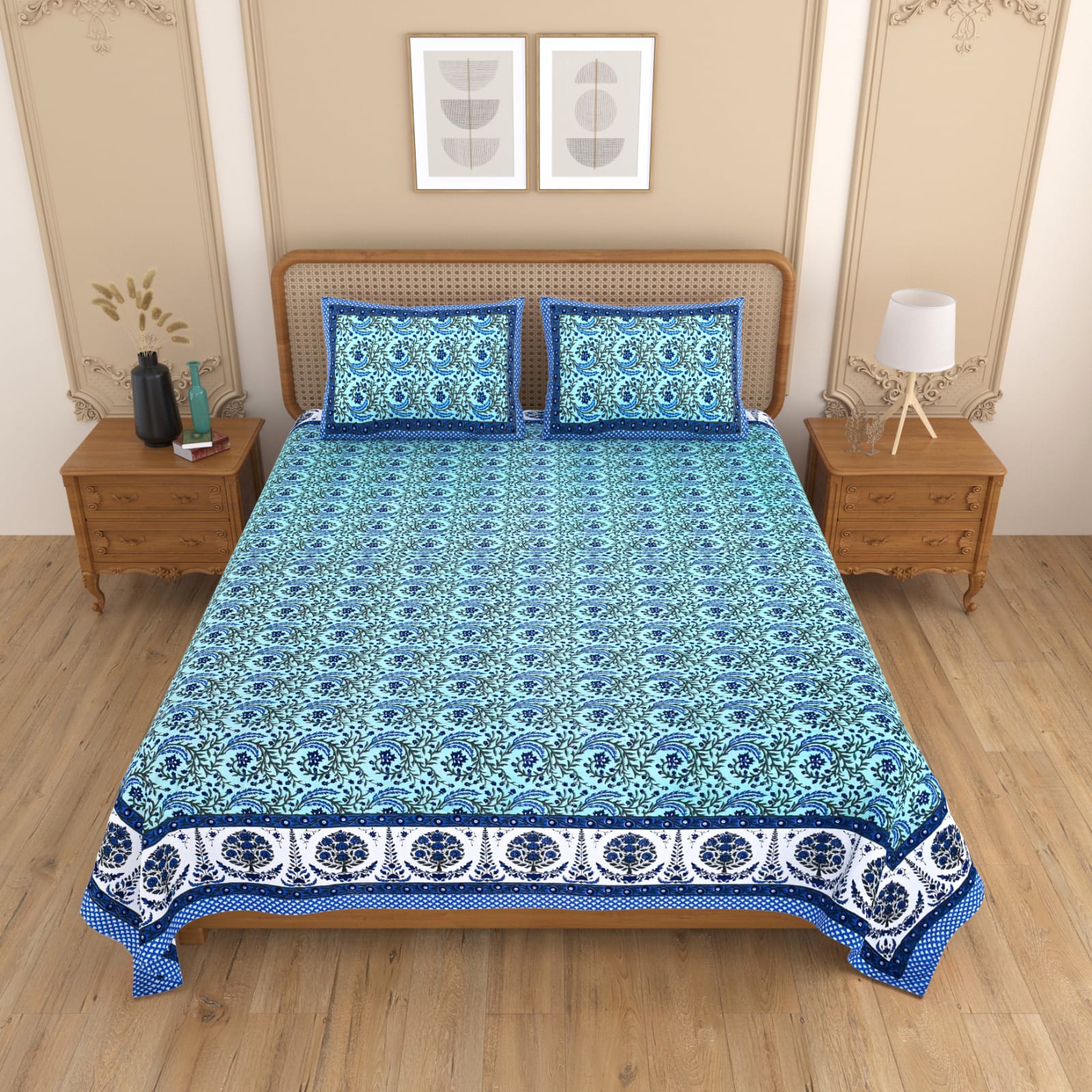 Royal Rajasthani Blue & White Floral Printed King Size Bedsheet Set
