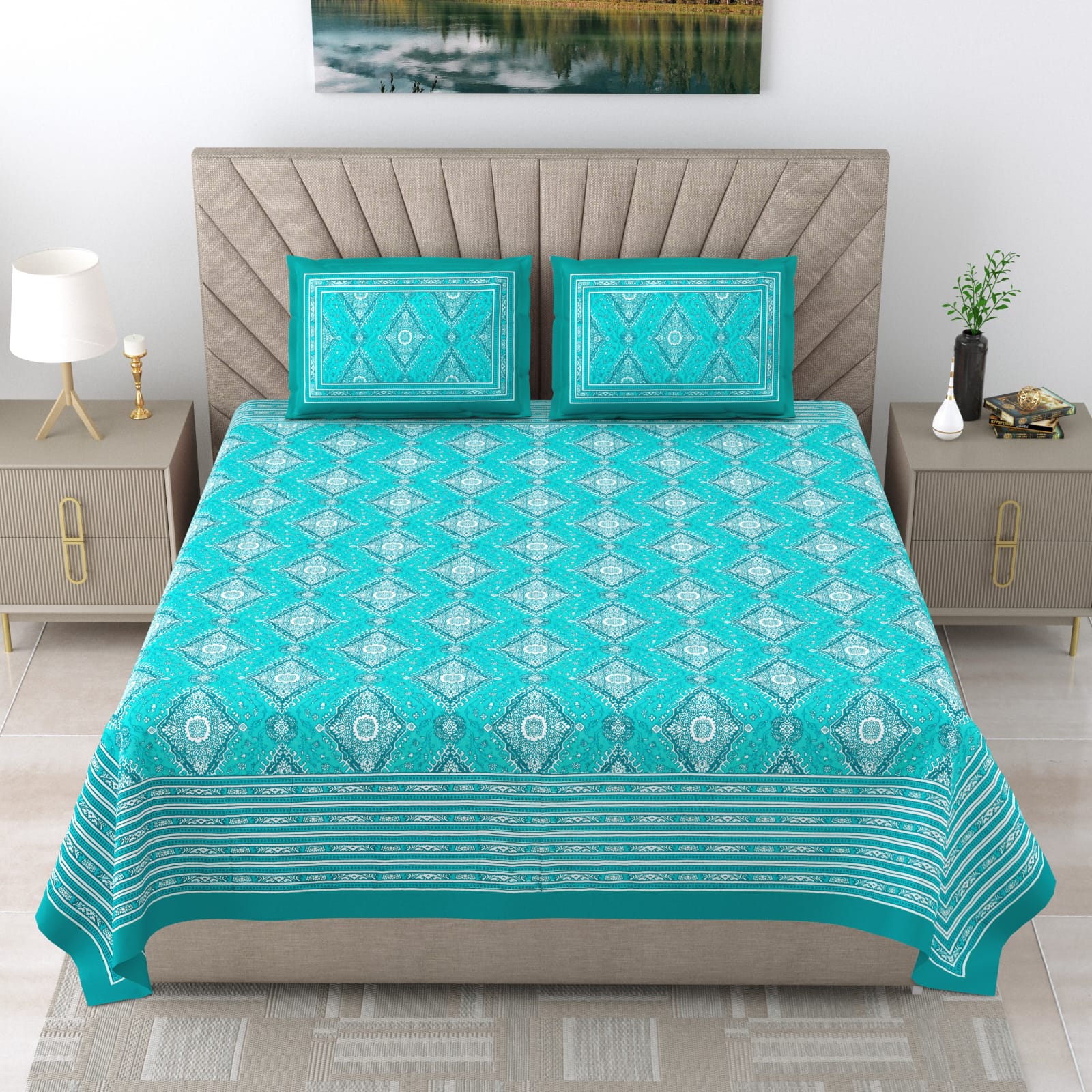 Royal Rajasthani Turquoise & White Geometric Printed King Size Bedsheet Set
