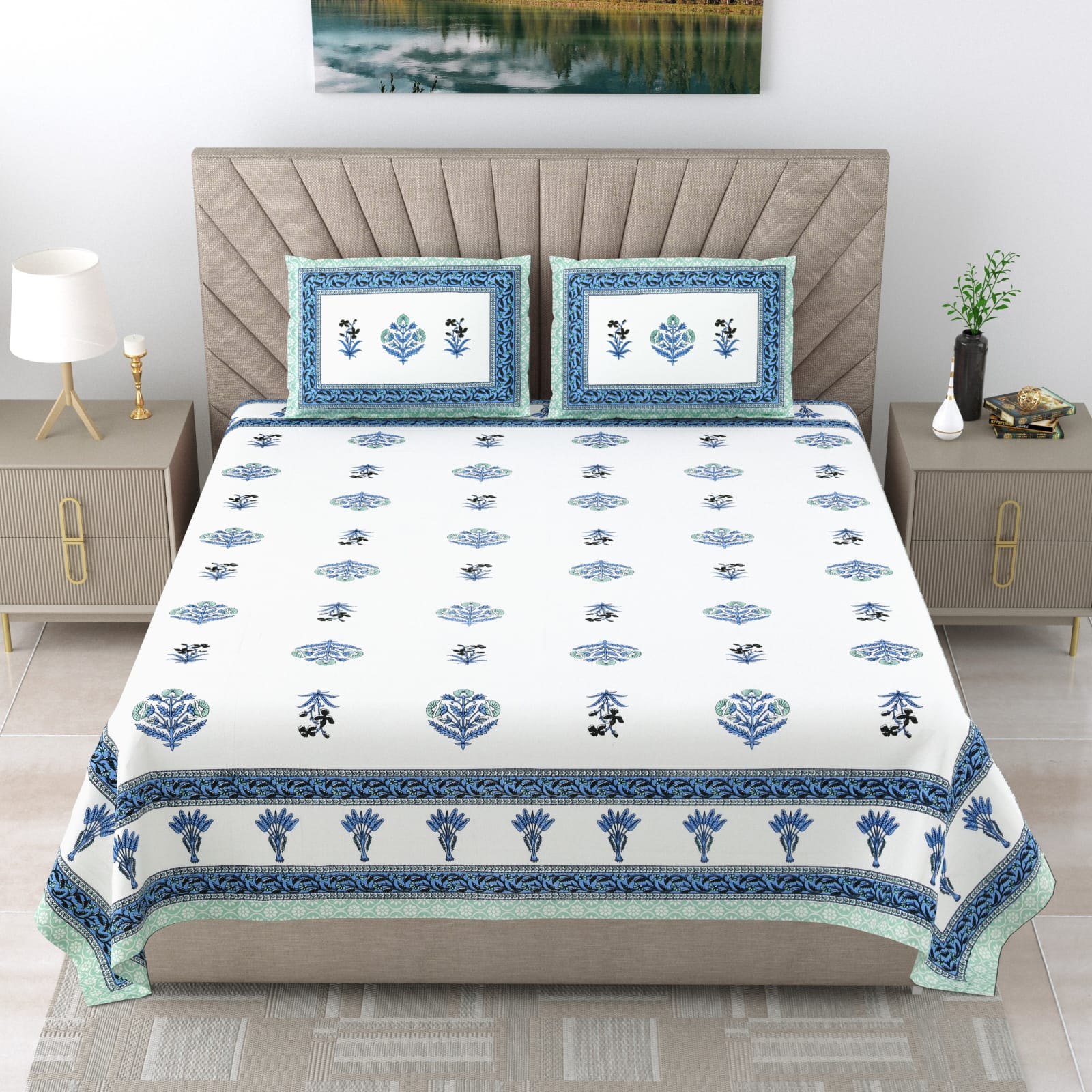 Royal Rajasthani Blue & Mint Floral Printed King Size Bedsheet Set