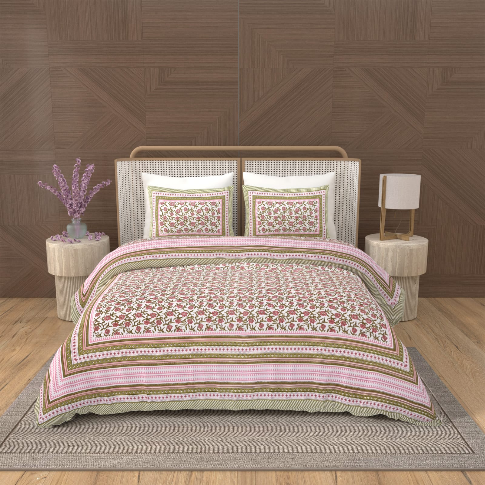 Royal Rajasthani Pink & Olive Floral Printed King Size Bedsheet Set