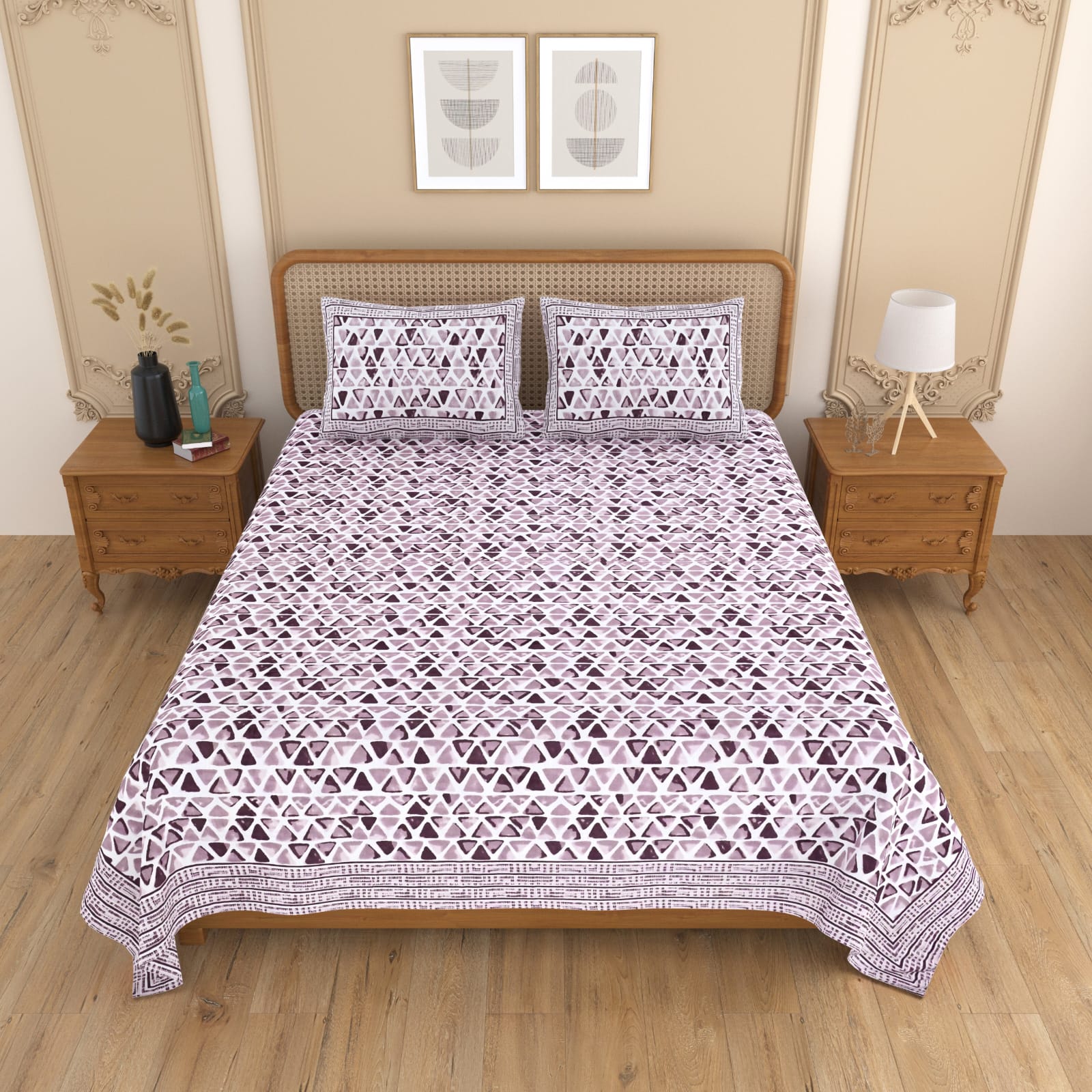 Royal Rajasthani Mauve & White Geometric Printed King Size Bedsheet Set