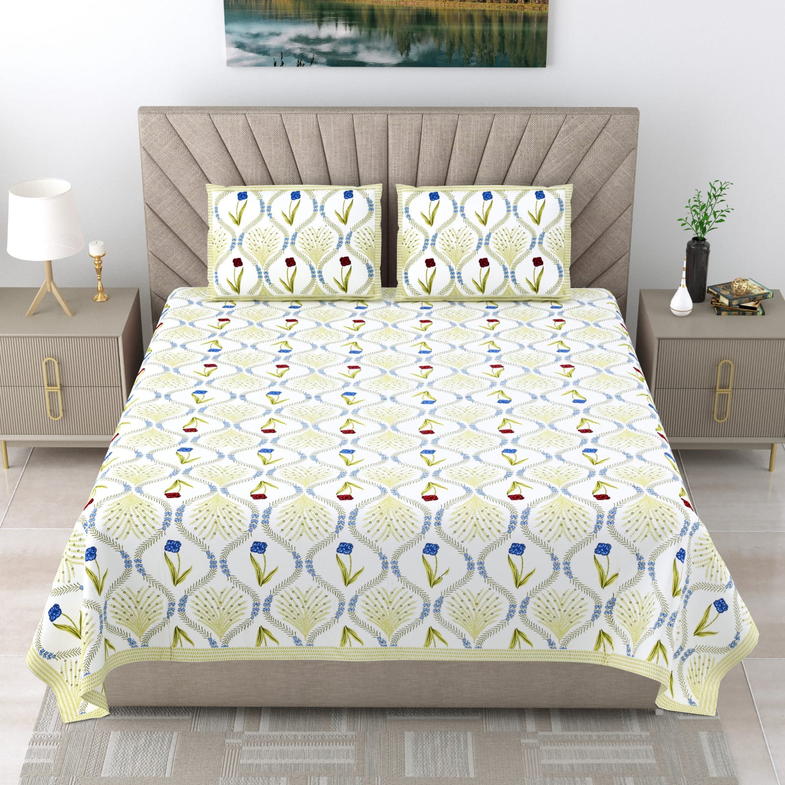 Royal Rajasthani Multicolor Floral Printed King Size Bedsheet Set
