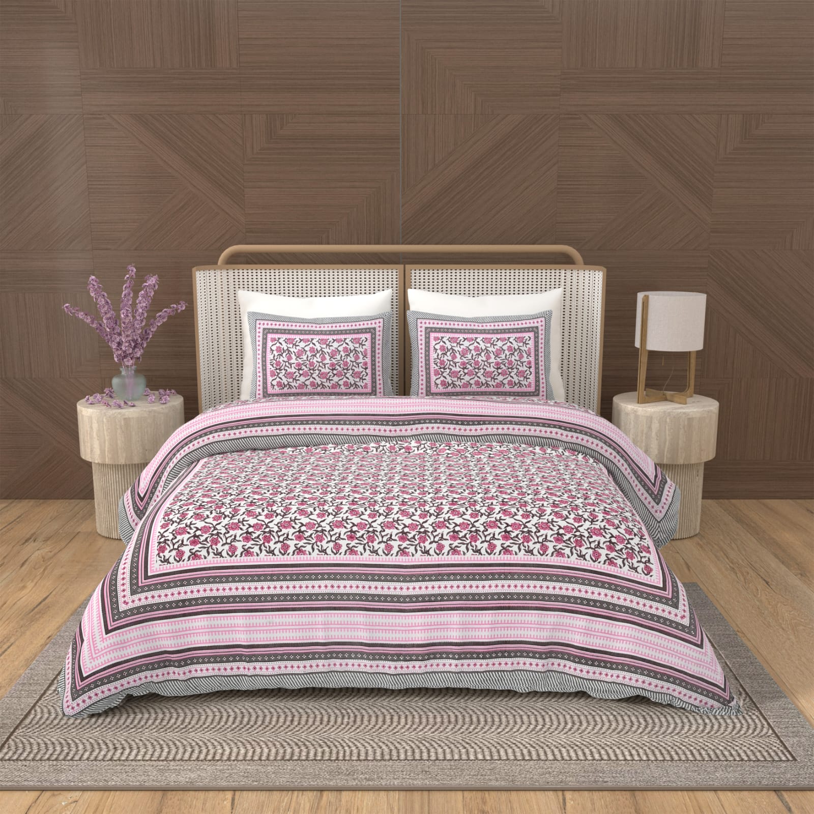 Royal Rajasthani Pink Floral Printed King Size Bedsheet Set