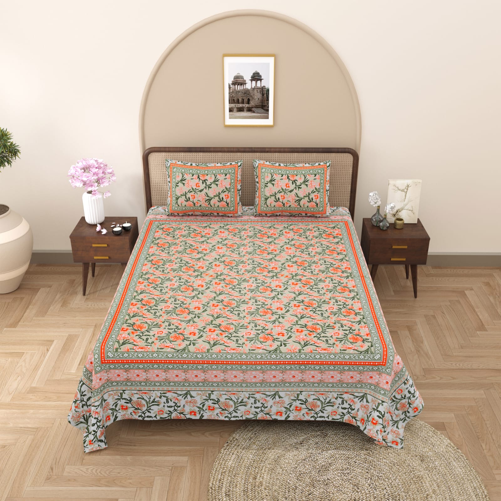 Royal Rajasthani Peach Floral Printed King Size Bedsheet Set