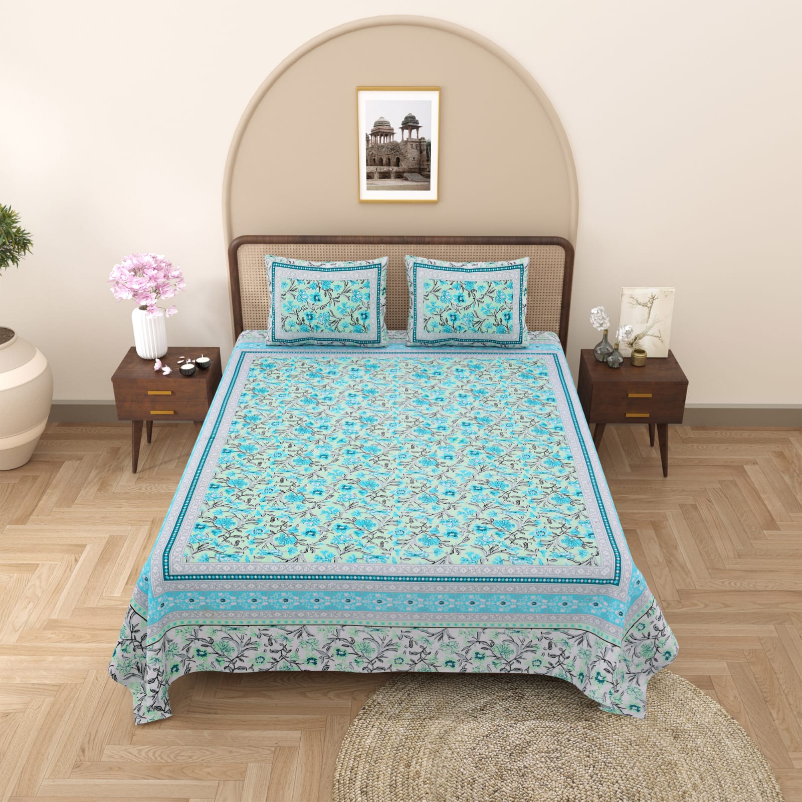 Royal Rajasthani Aqua Blue Floral Printed King Size Bedsheet Set