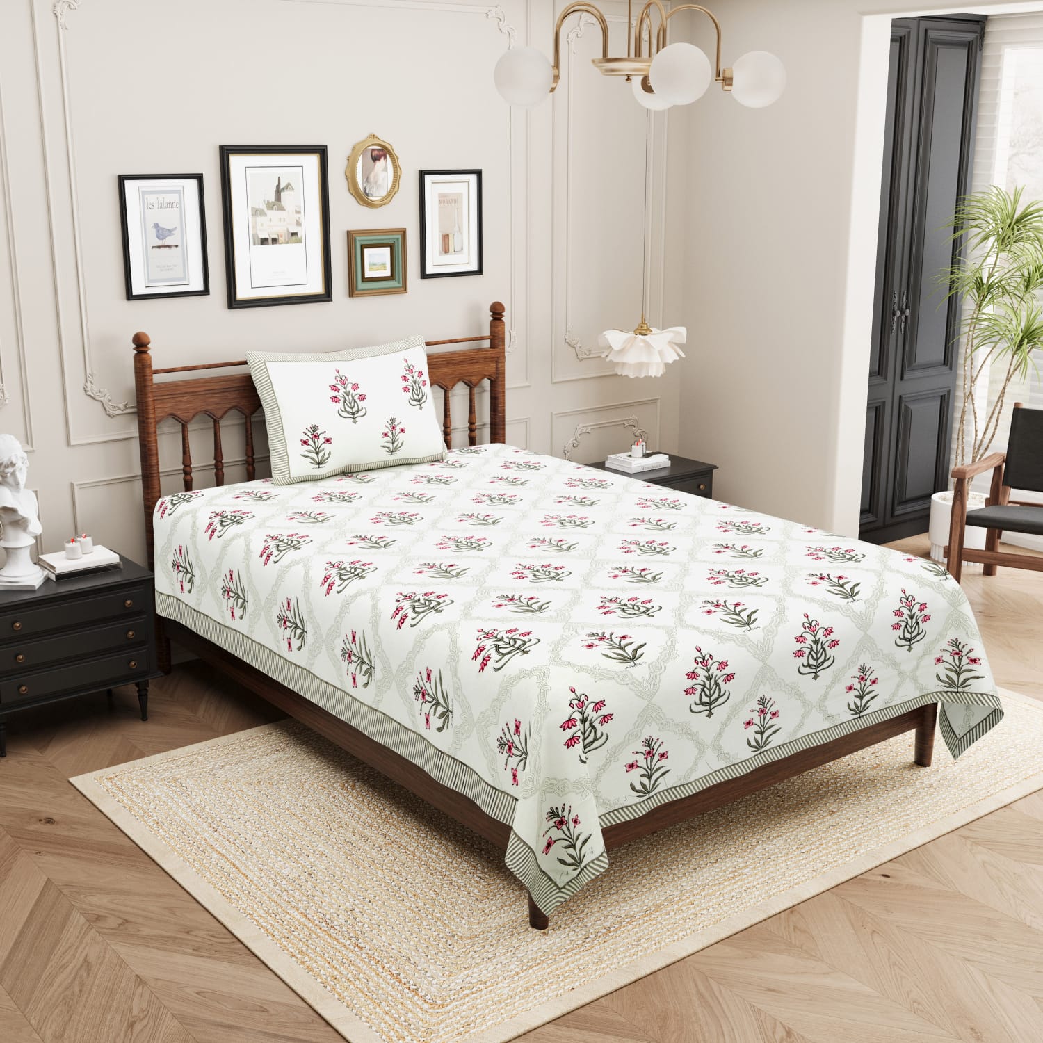 Rangbirangi Pink Floral Printed Single Bed Pure Cotton Bedsheet Set