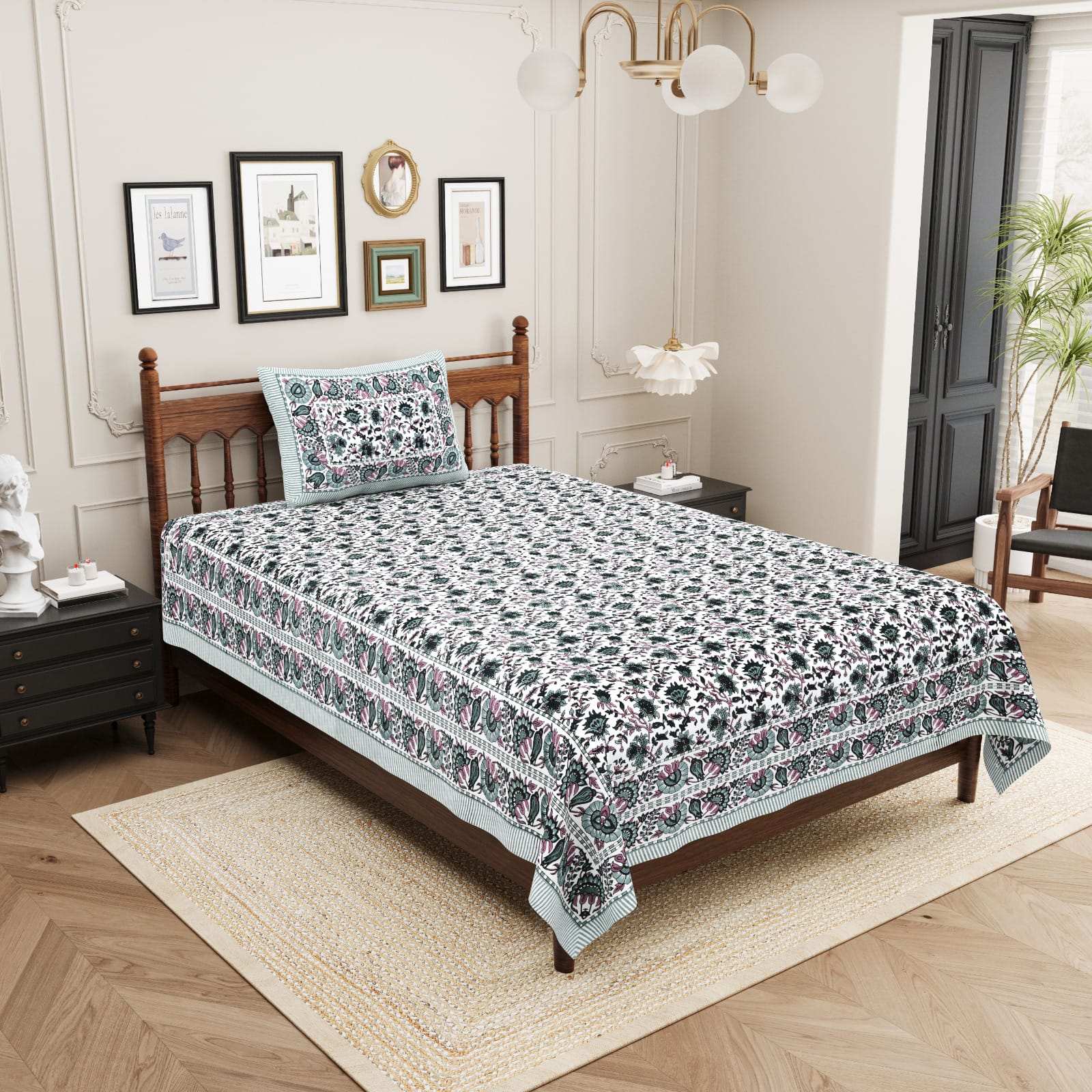 Rangbirangi Floral Printed Single Bed Pure Cotton Bedsheet Set