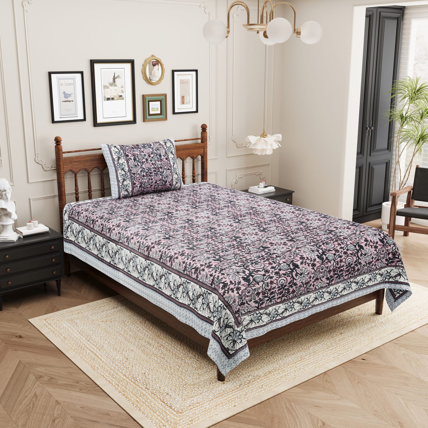 Rangbirangi Mauve Floral Printed Single Bed Pure Cotton Bedsheet Set