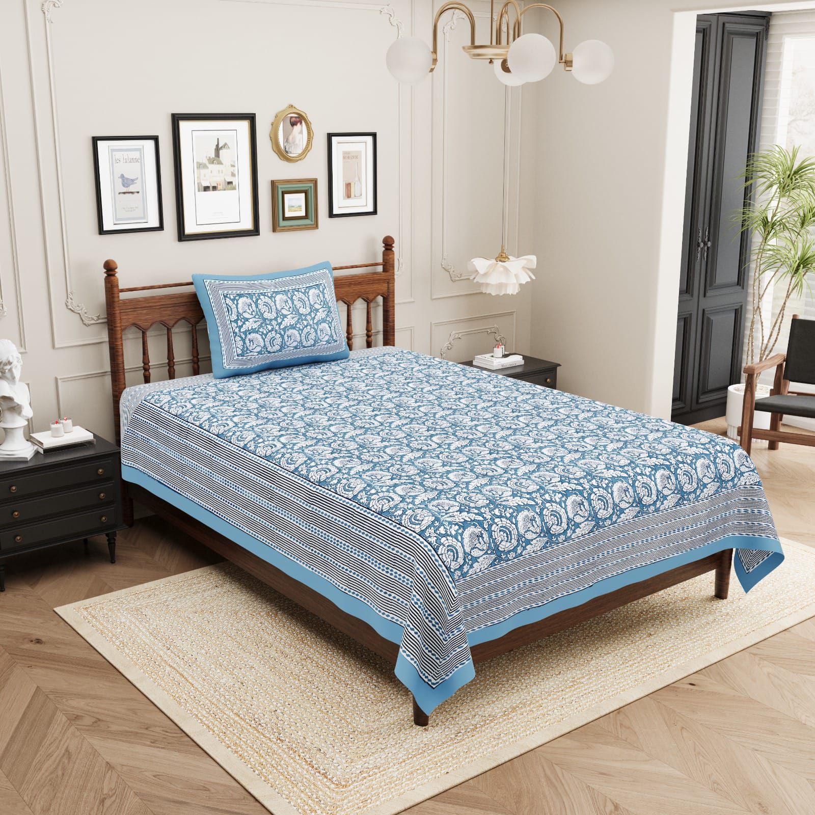 Rangbirangi Sky Blue Floral Printed Single Bed Pure Cotton Bedsheet Set