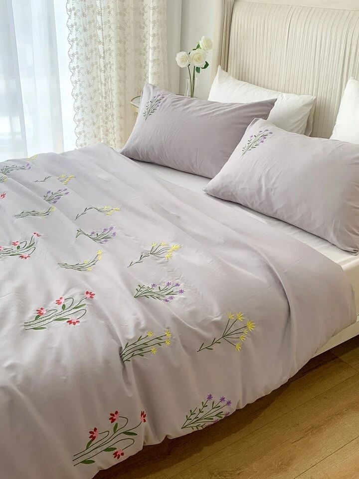 Floral Bloom Premium Pure Cotton King-Size Lavender Multicolor Floral Embroidered Bedsheet Set