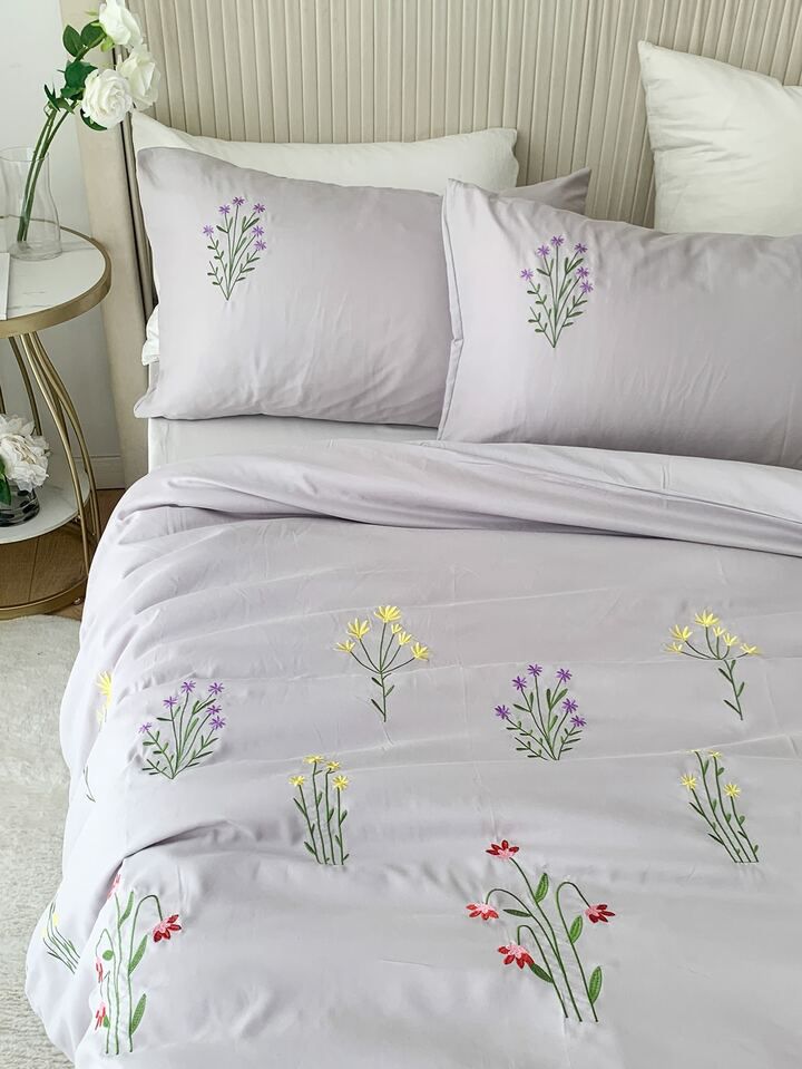 Floral Bloom Premium Pure Cotton King-Size Lavender Multicolor Floral Embroidered Bedsheet Set