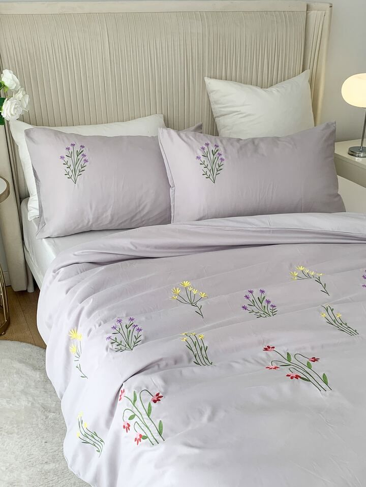 Floral Bloom Premium Pure Cotton King-Size Lavender Multicolor Floral Embroidered Bedsheet Set