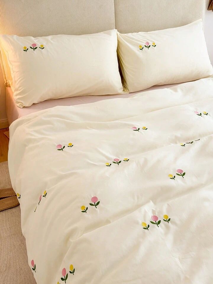 Floral Bloom Pure Cotton King-Size Floral Embroidered Bedsheet Set