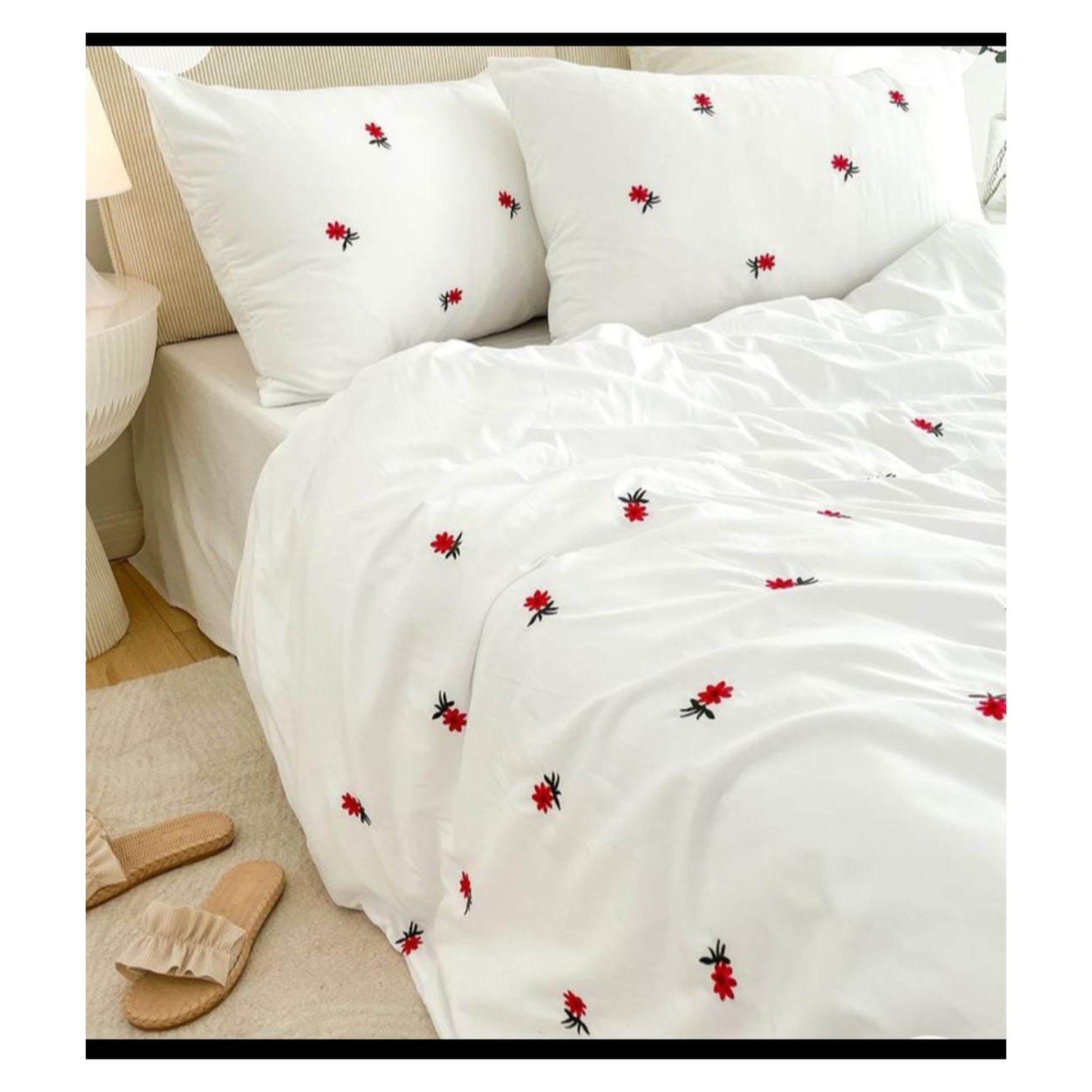 Floral Bloom Premium Pure Cotton King-Size Red Floral Embroidered Bedsheet Set