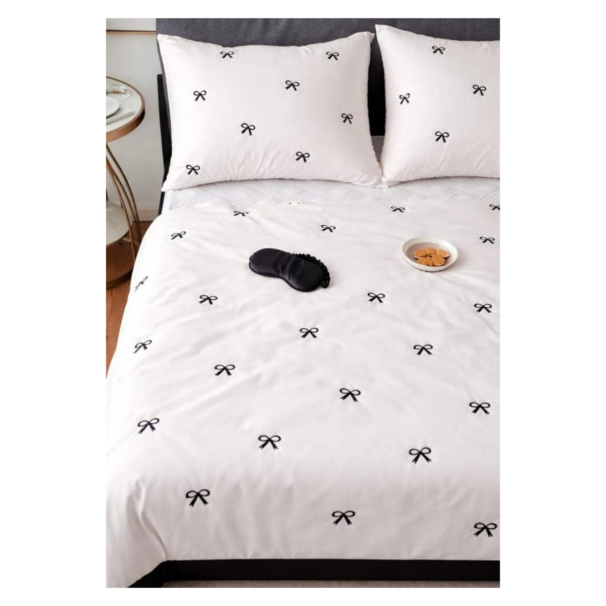 Floral Bloom Premium Pure Cotton King-Size White & Black Bow Embroidered Bedsheet Set