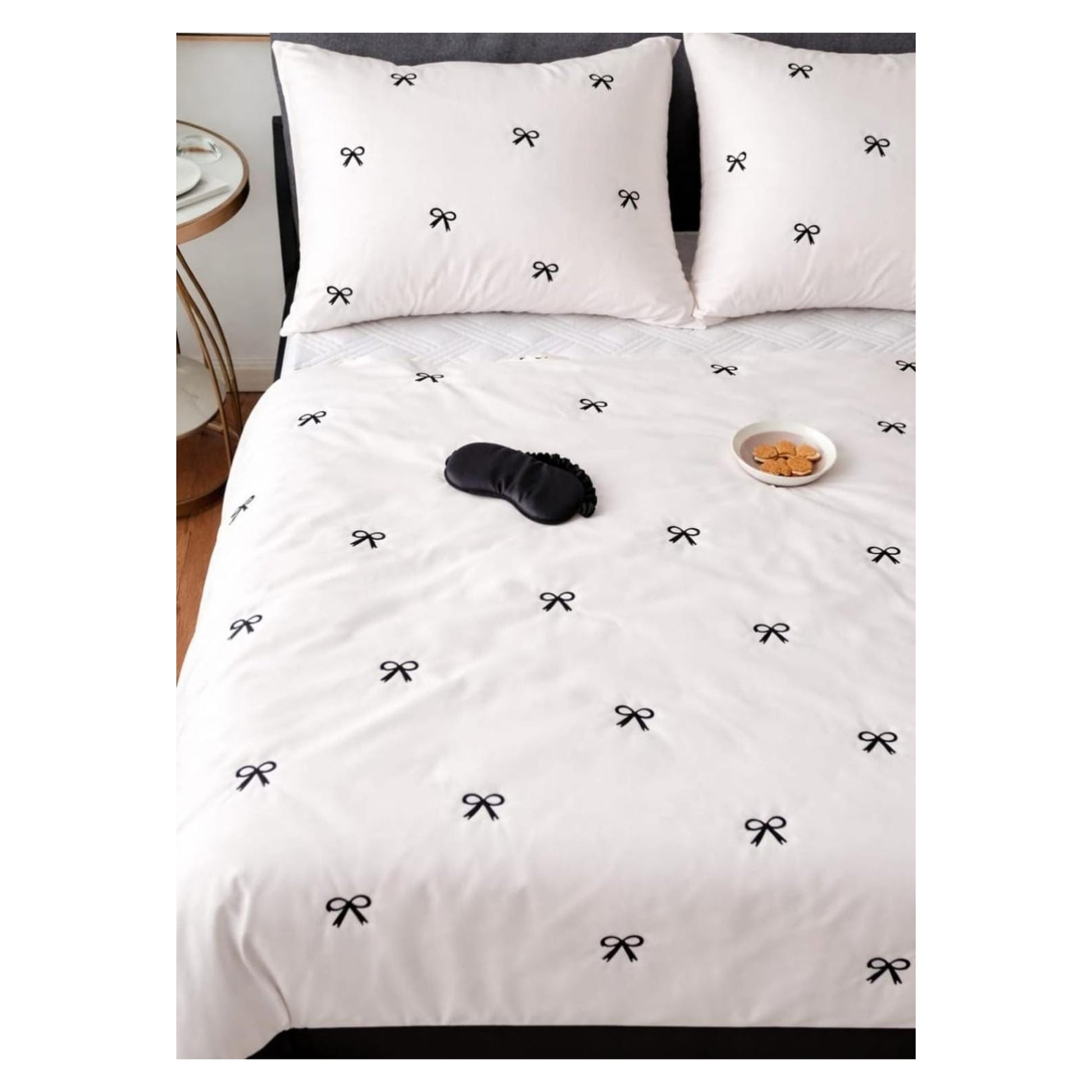 Floral Bloom Premium Pure Cotton King-Size White & Black Bow Embroidered Bedsheet Set