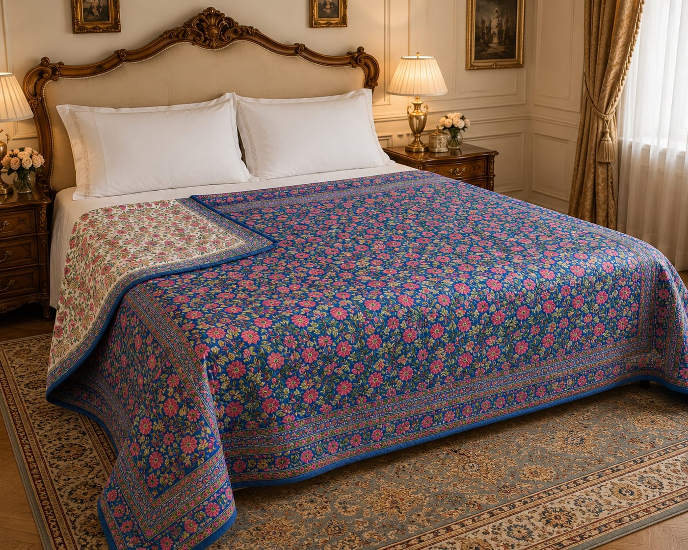 Chand Mahal Royal Blue Floral Printed Double Bed Pure Mul Mul Cotton AC Quilt