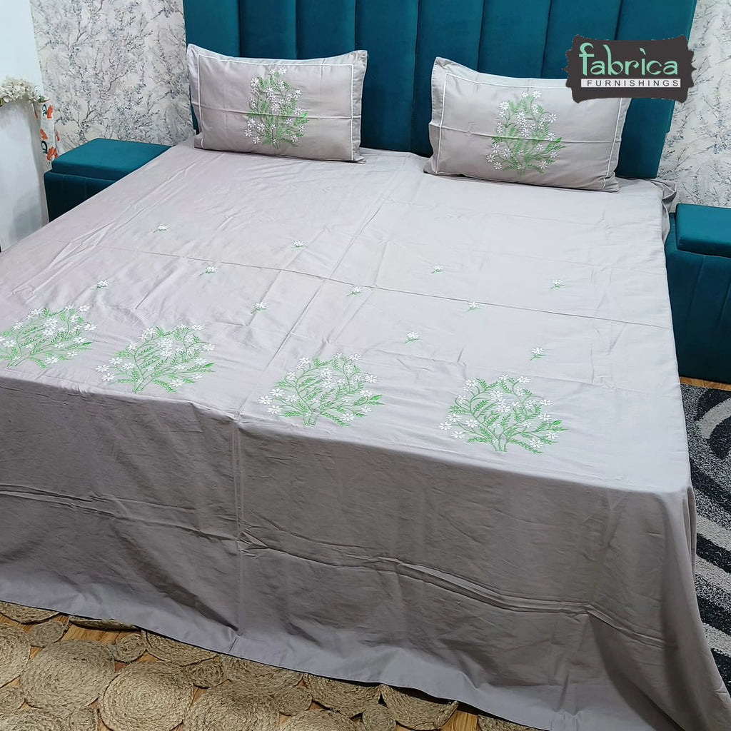 Shahi Karigari Pure Cotton Designer King-Size Elegant Floral Embroidered Bedsheet