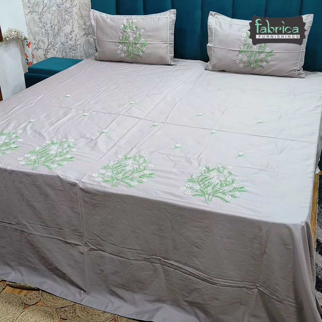 Shahi Karigari Pure Cotton Designer King-Size Elegant Floral Embroidered Bedsheet