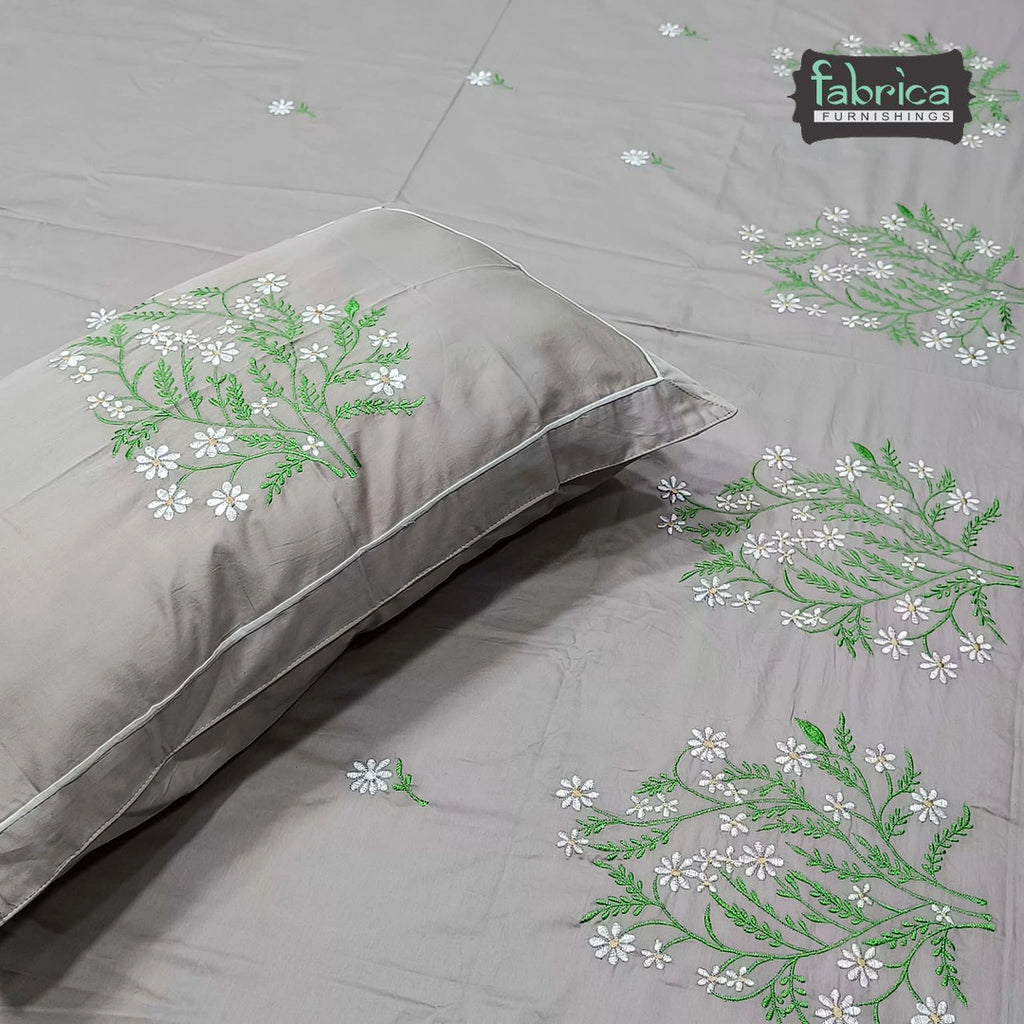 Shahi Karigari Pure Cotton Designer King-Size Elegant Floral Embroidered Bedsheet