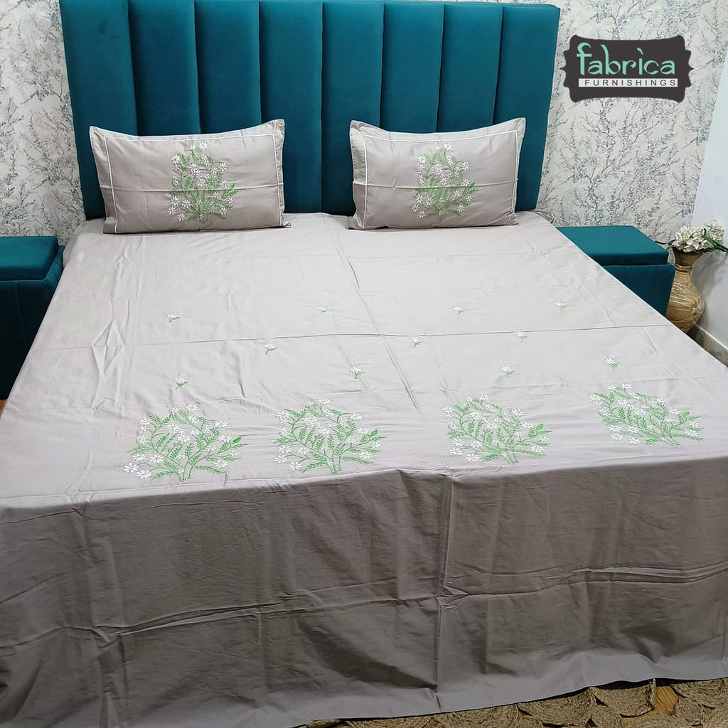 Shahi Karigari Pure Cotton Designer King-Size Elegant Floral Embroidered Bedsheet